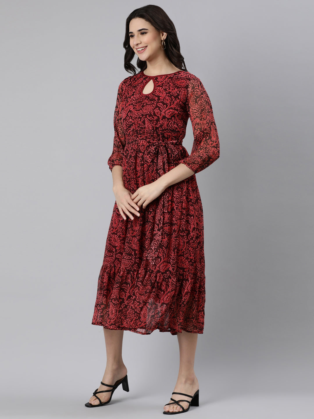 Women Maroon Floral Chiffon Dress