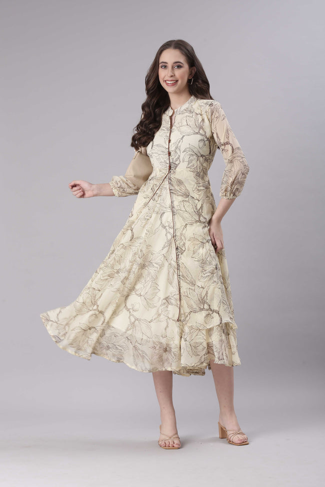 Women Cream Floral Tiered Midi Dress