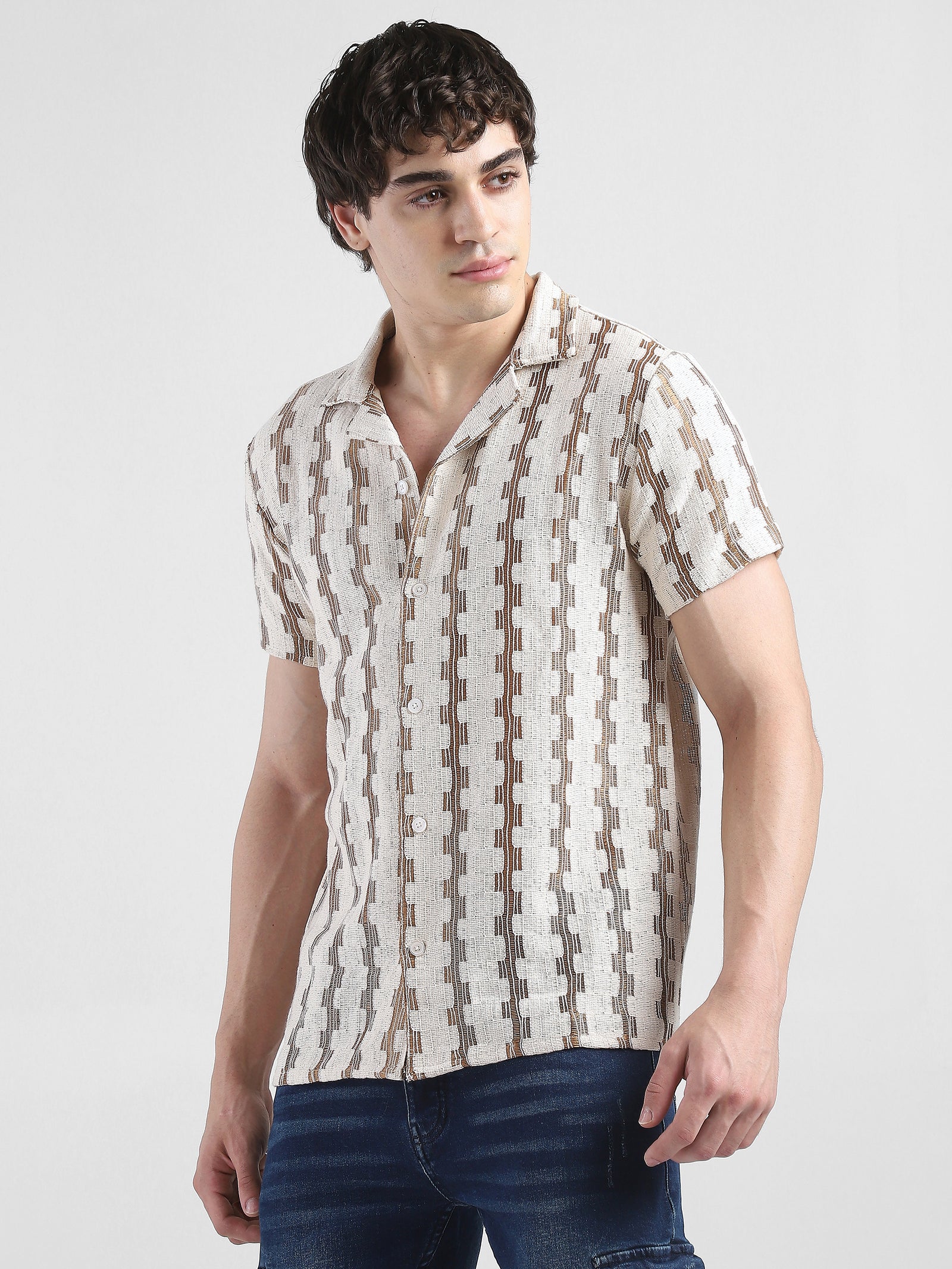 Men Lace See through Brown Casual Shirt