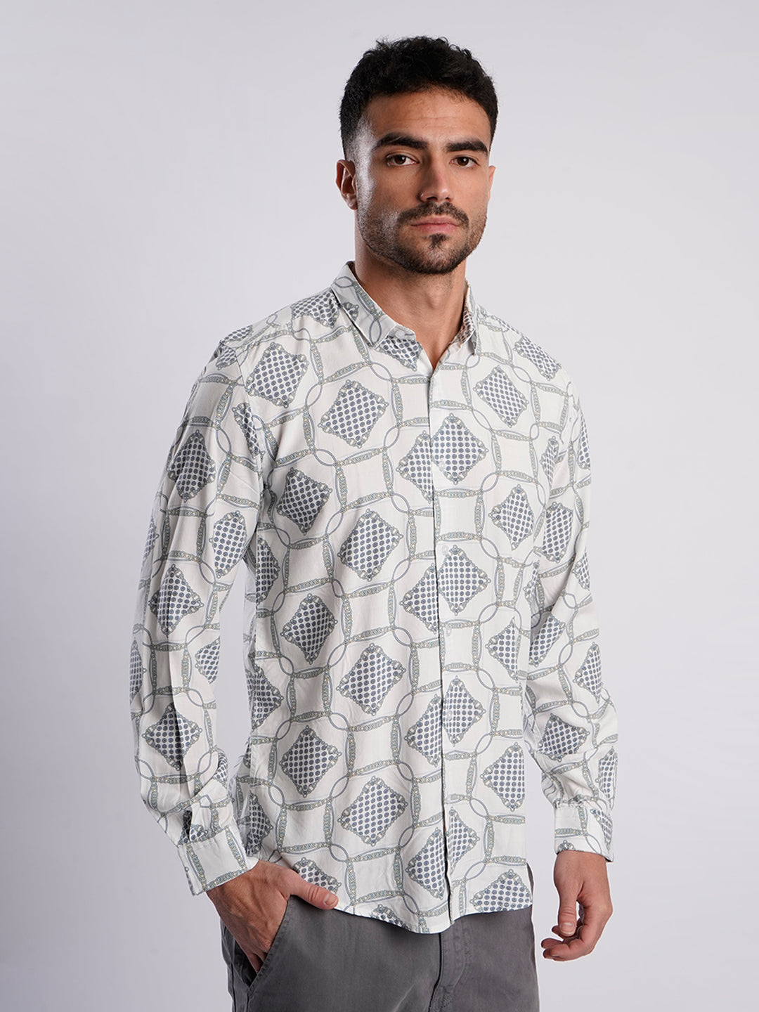 Men White and Blue Abstract Printed Shirt