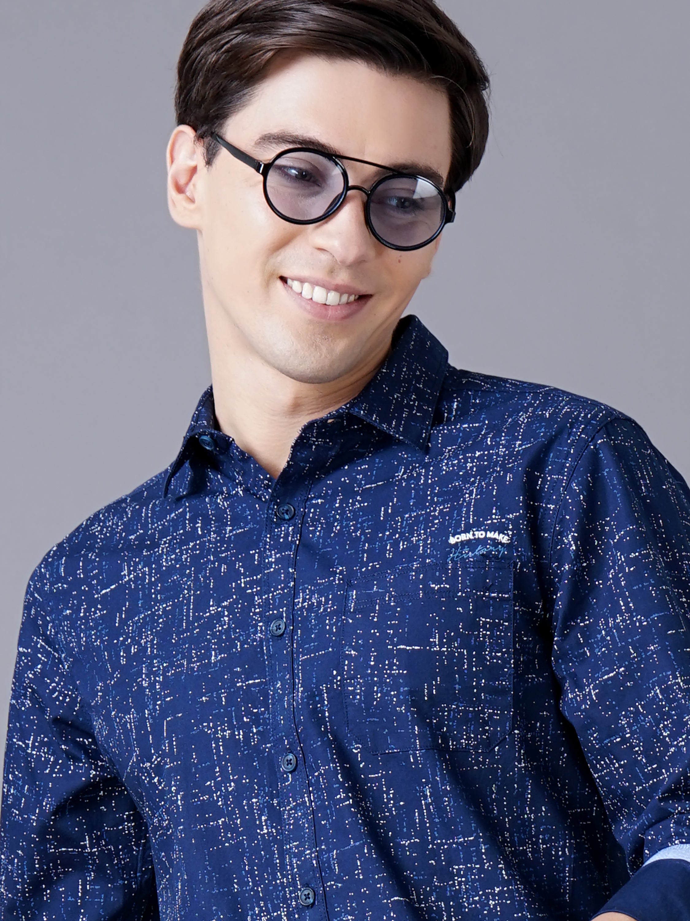 Men Blue Cotton Slim Shirt