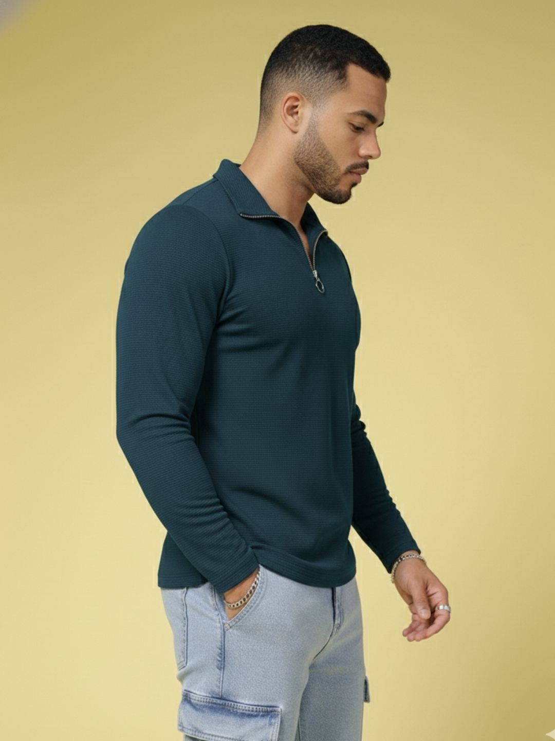 Men Teal High Neck Polyester T-Shirt