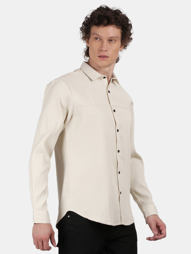 Men Cream Slim Fit Spread Collar Full Sleeve Casual Shirt