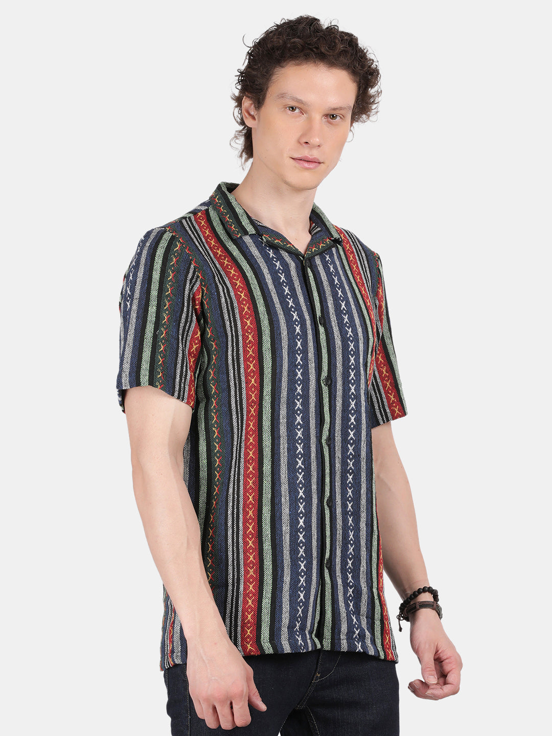 Men Navy Slim Fit Spread Collar Half Sleeve Casual Shirt