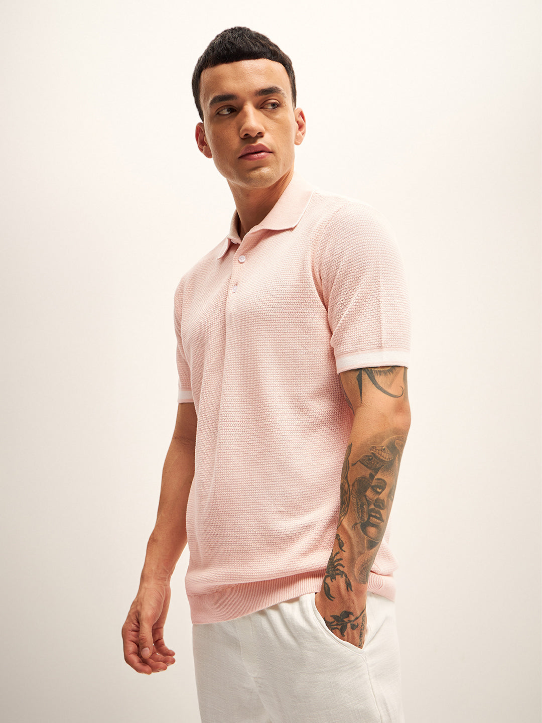 Men Peach Self Design Regular Fit Polo T-Shirt