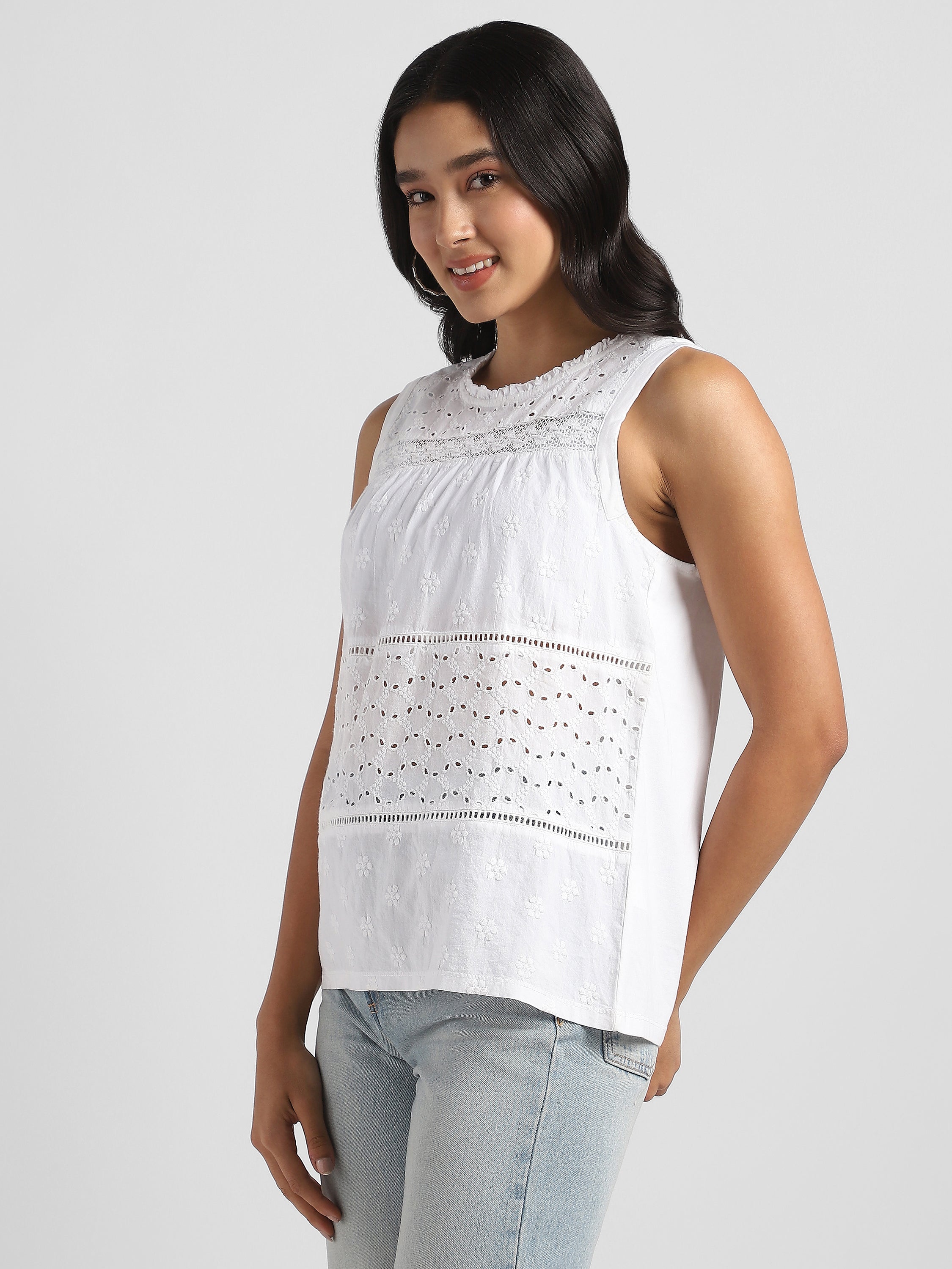 Women Cotton White Shiffli Embroidered Top