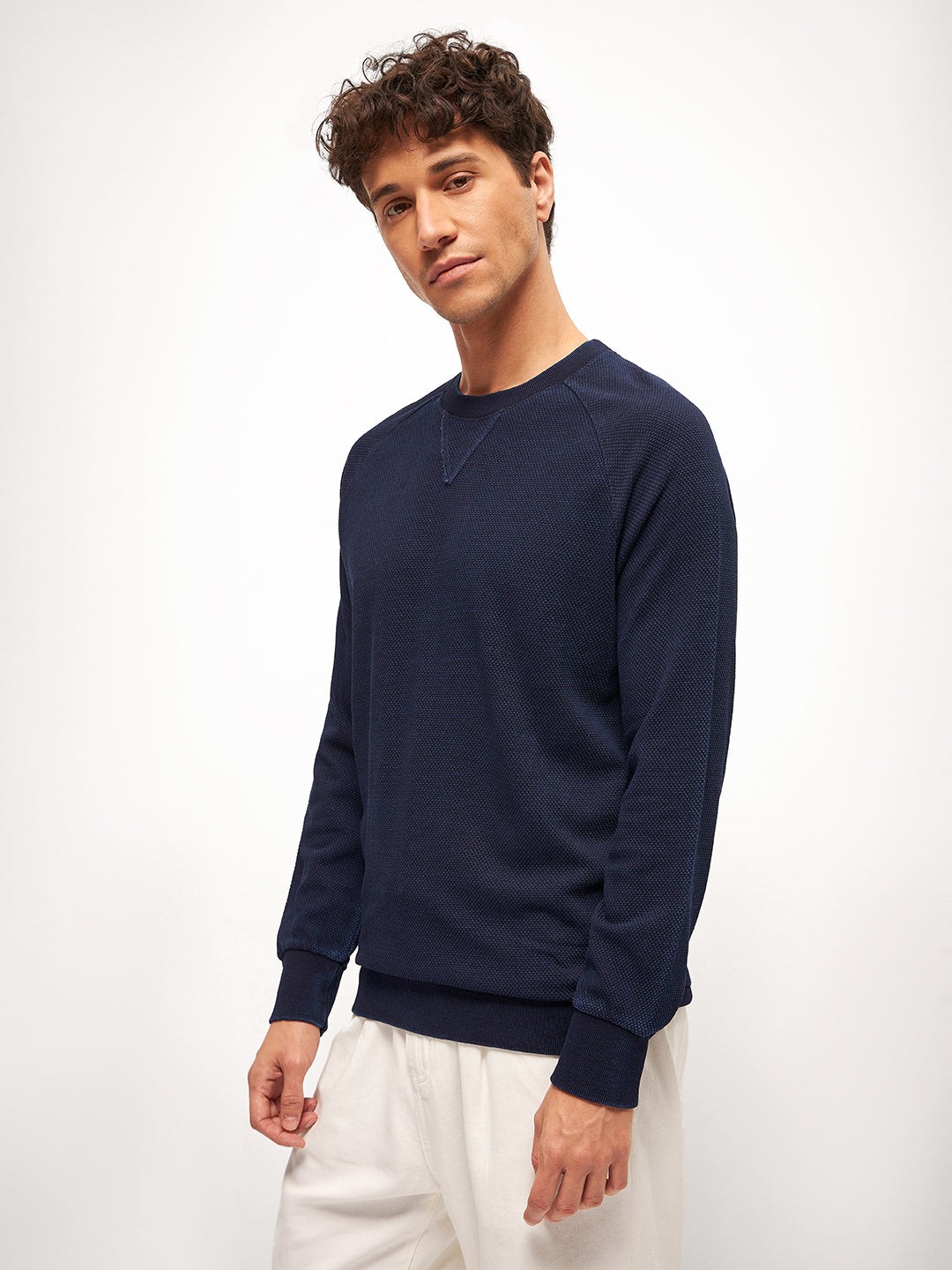 Men Blue Self Design Regular Fit Crew Neck T-Shirt