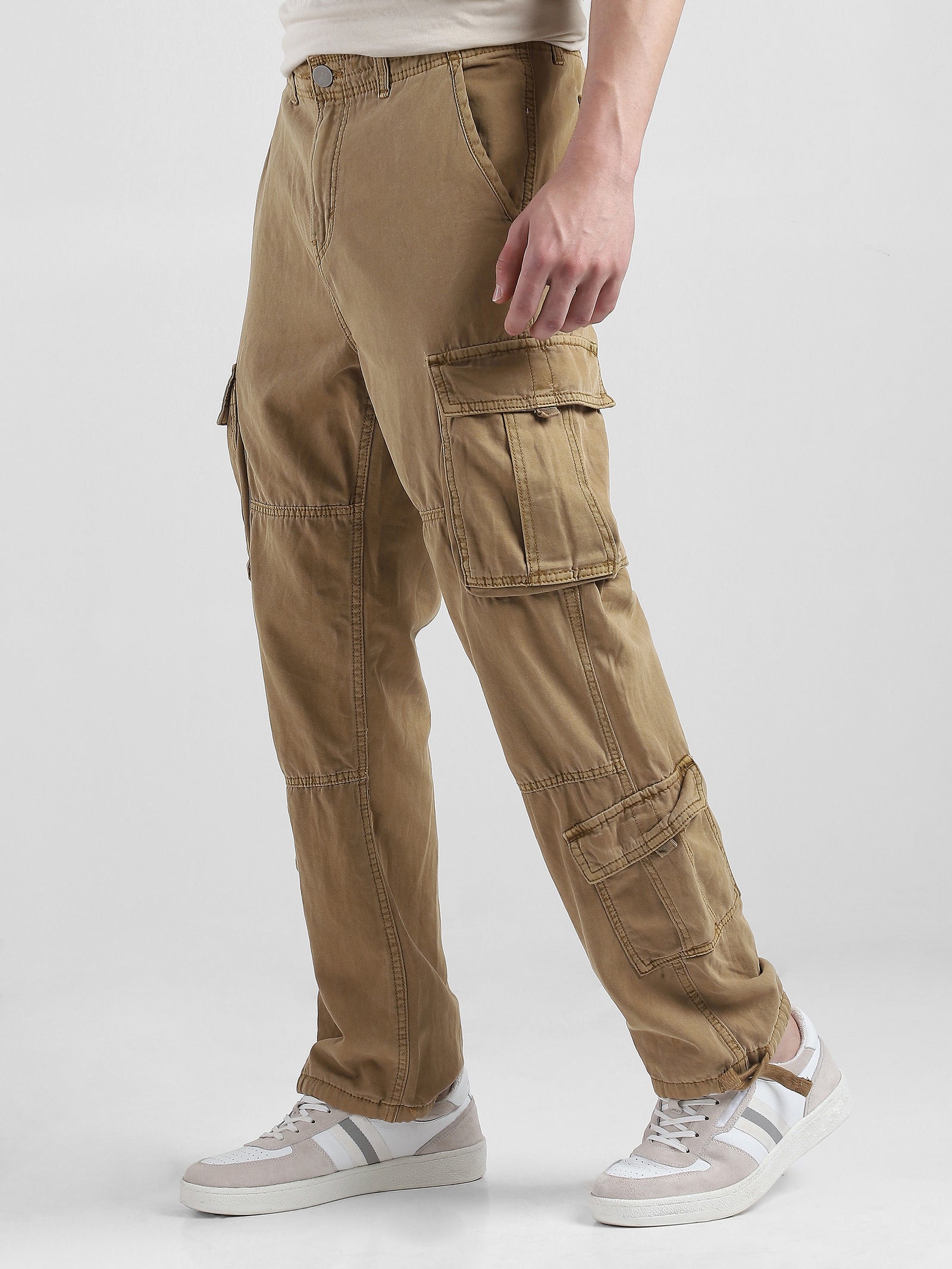 Men Beige Cotton Blend Cargo Pants with 8 Pockets