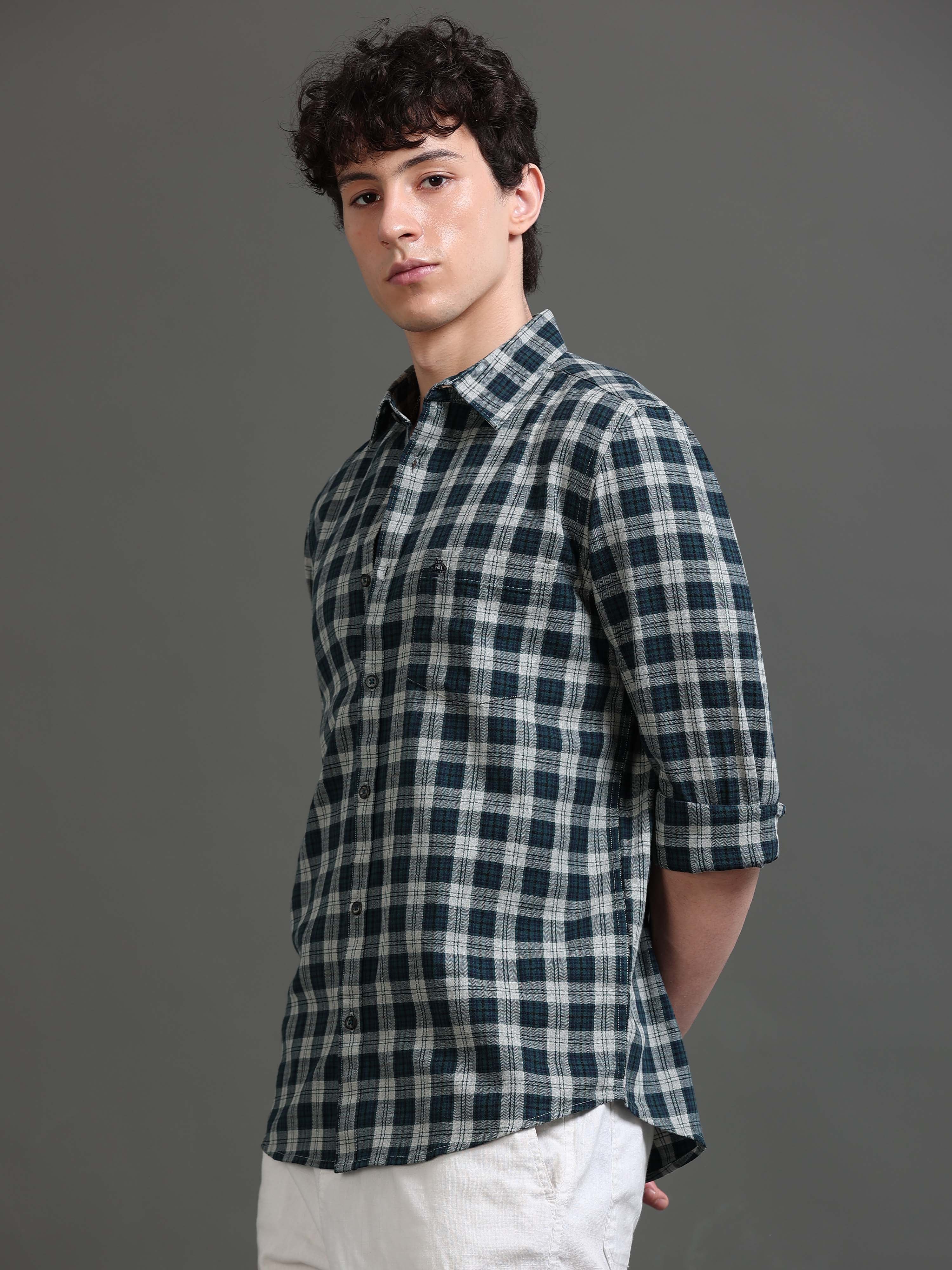 Men Teal Checked Shirt