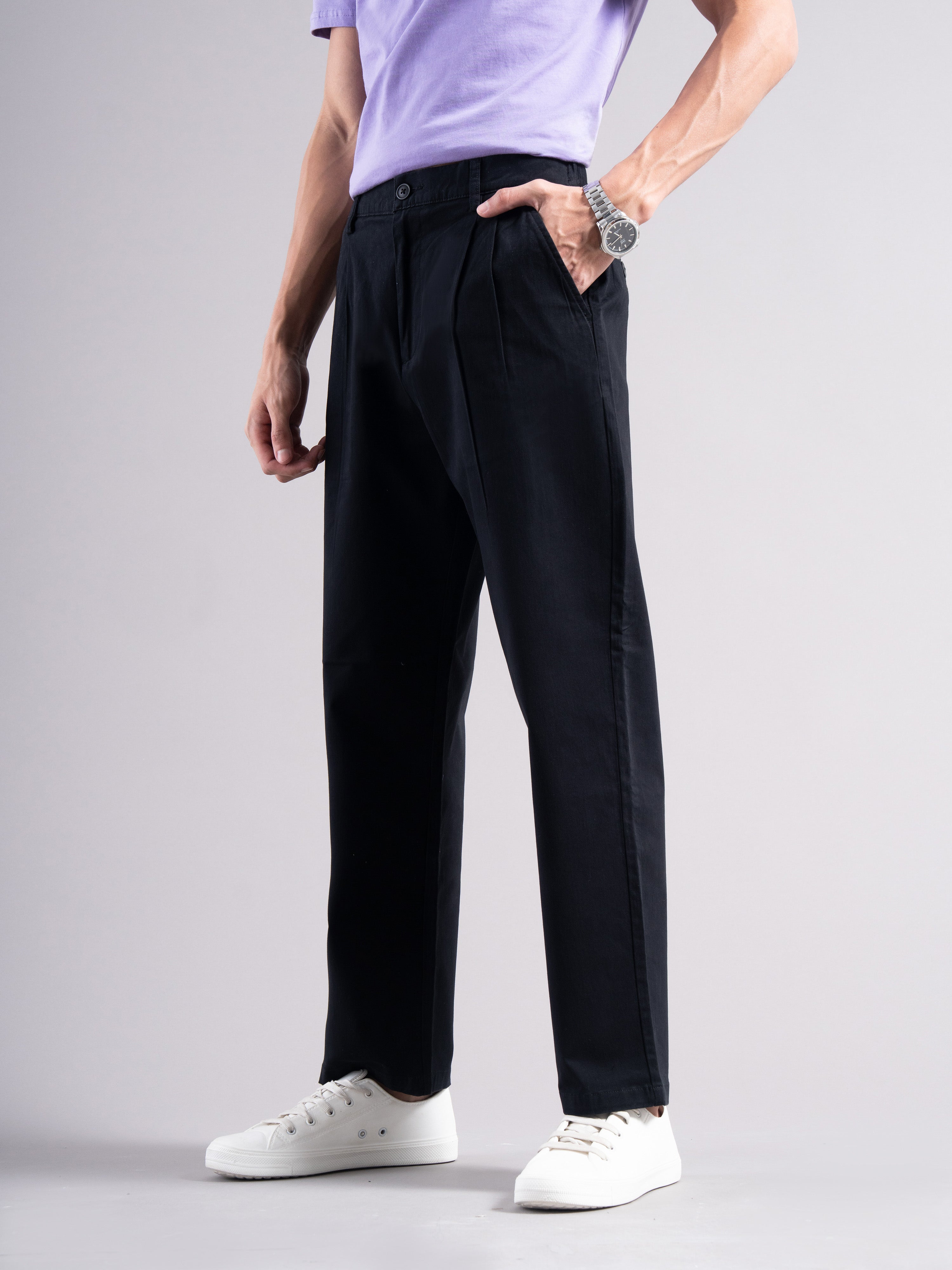 Men Black Elastic Waist Trousers