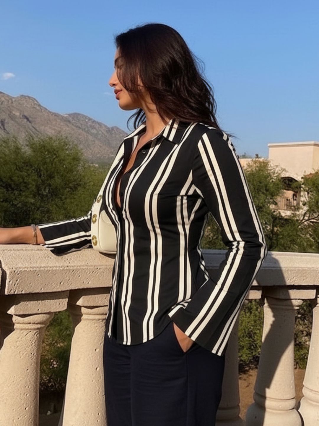 Women Black & White Striped Shirt