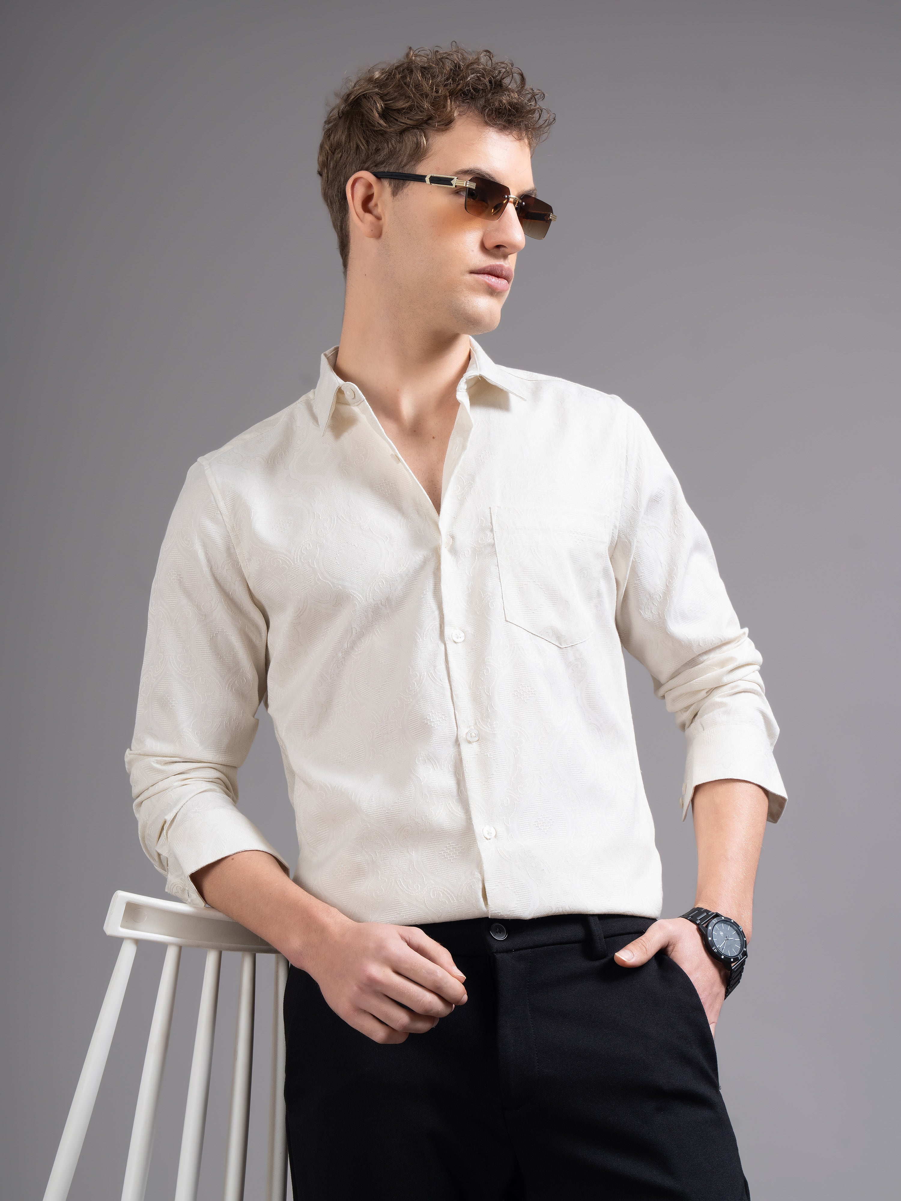 Men Cream Checked Shirt