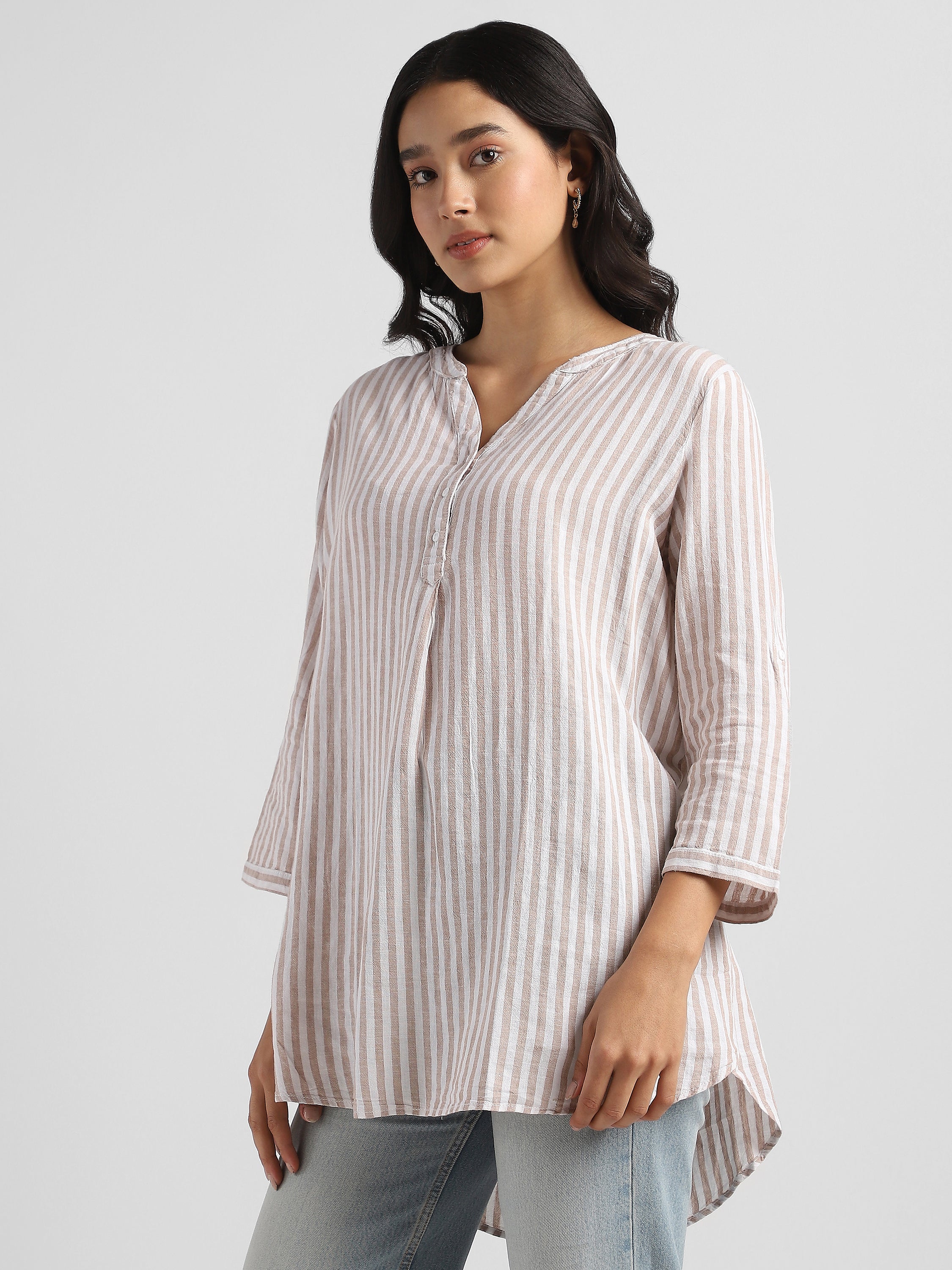 Women  Striped High-Low Hem Cotton Blend Top