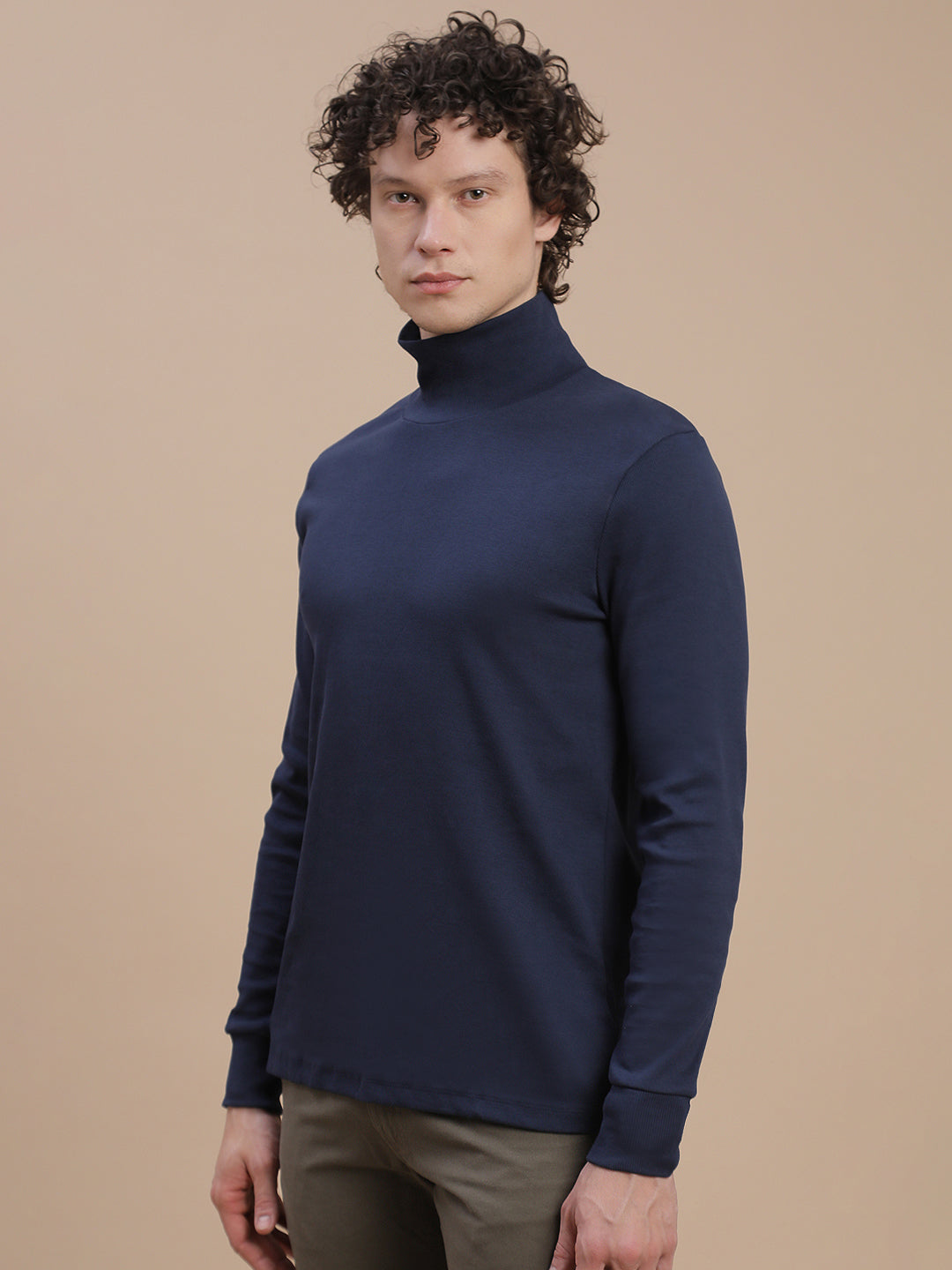 Men Navy Turtle Neck Long Sleeve Tees