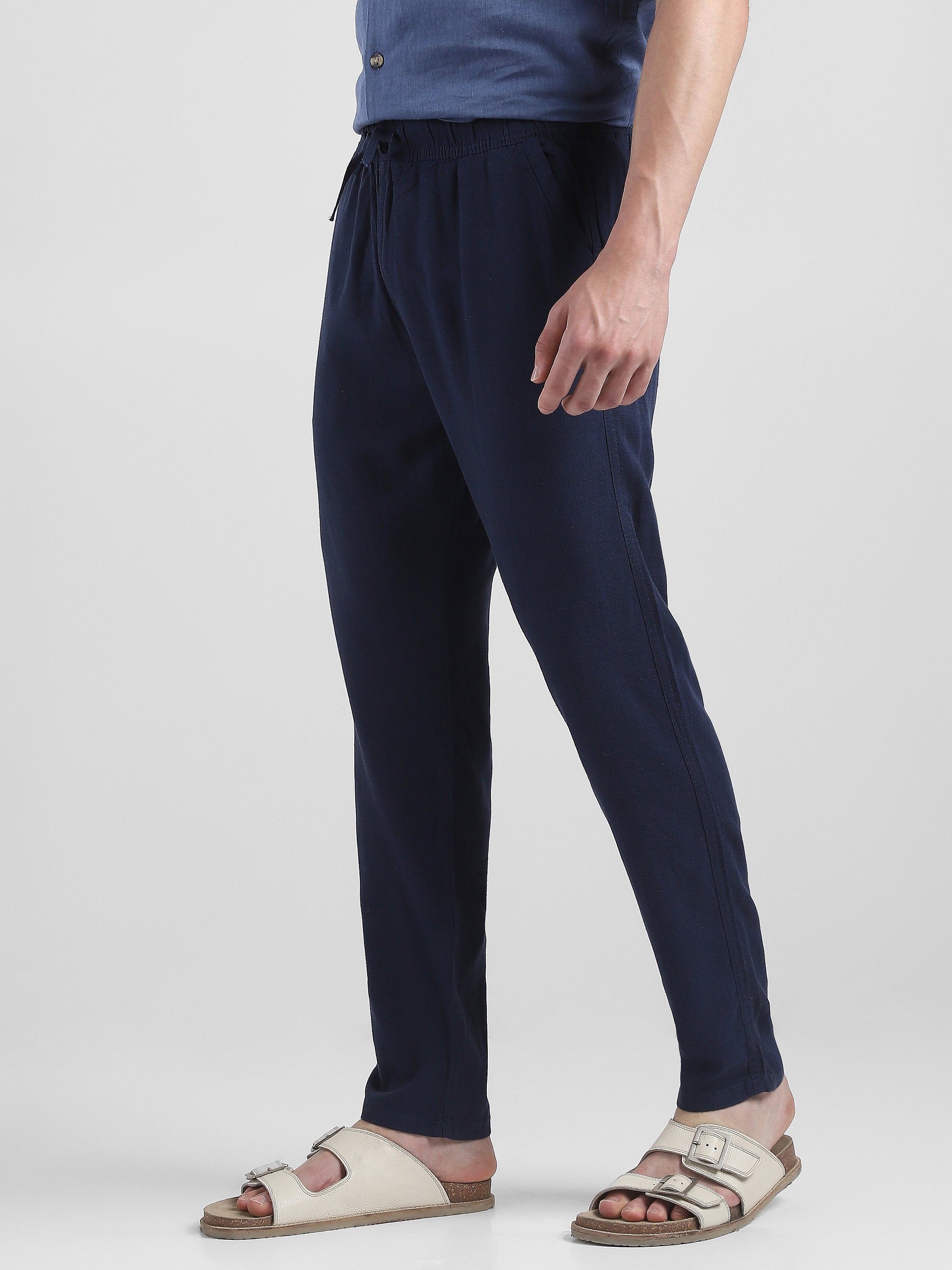 Men Navy Cotton Blend Comfort Fit Pants