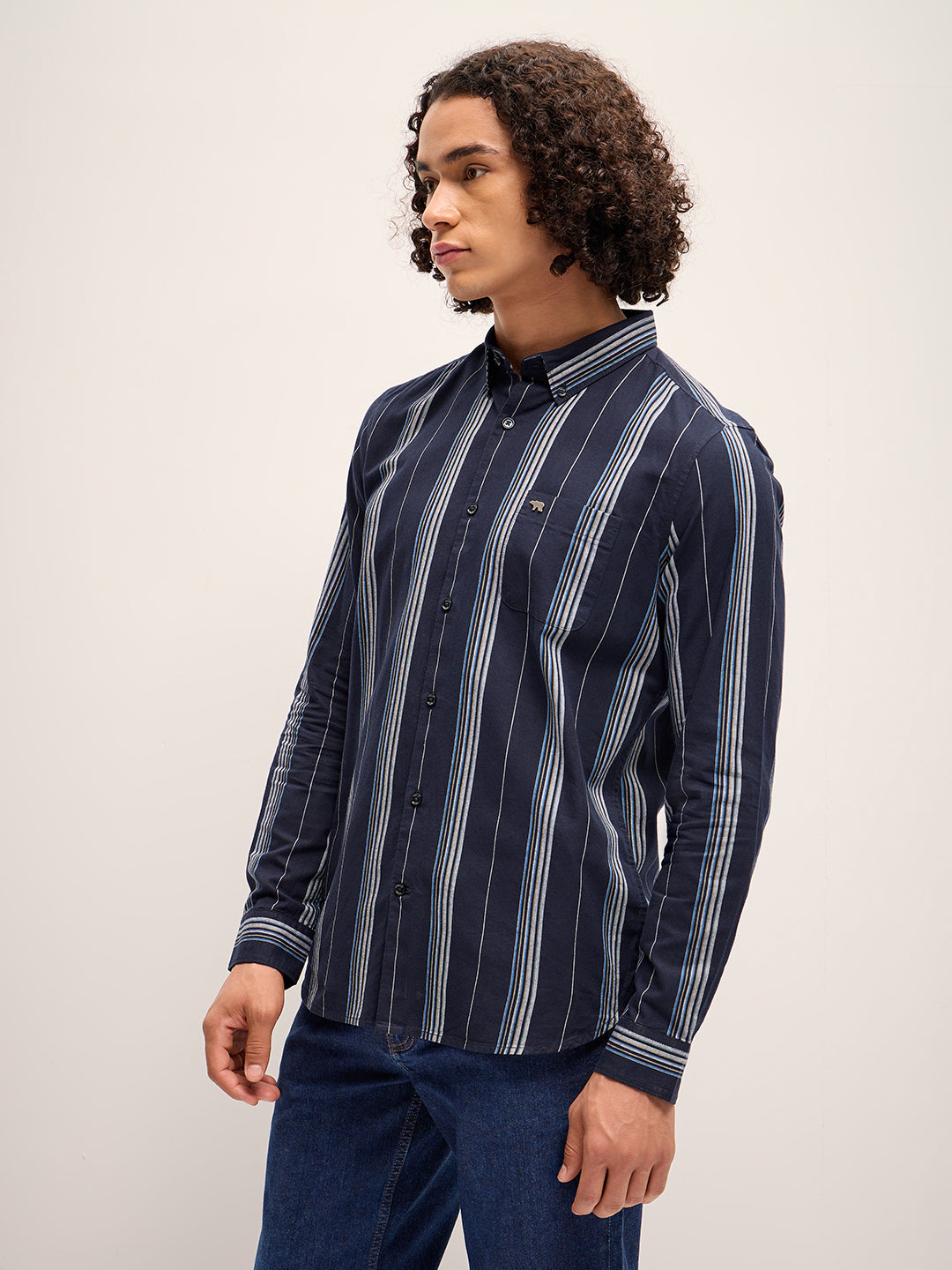 Men Blue Stripe Slim Fit Casual Shirt