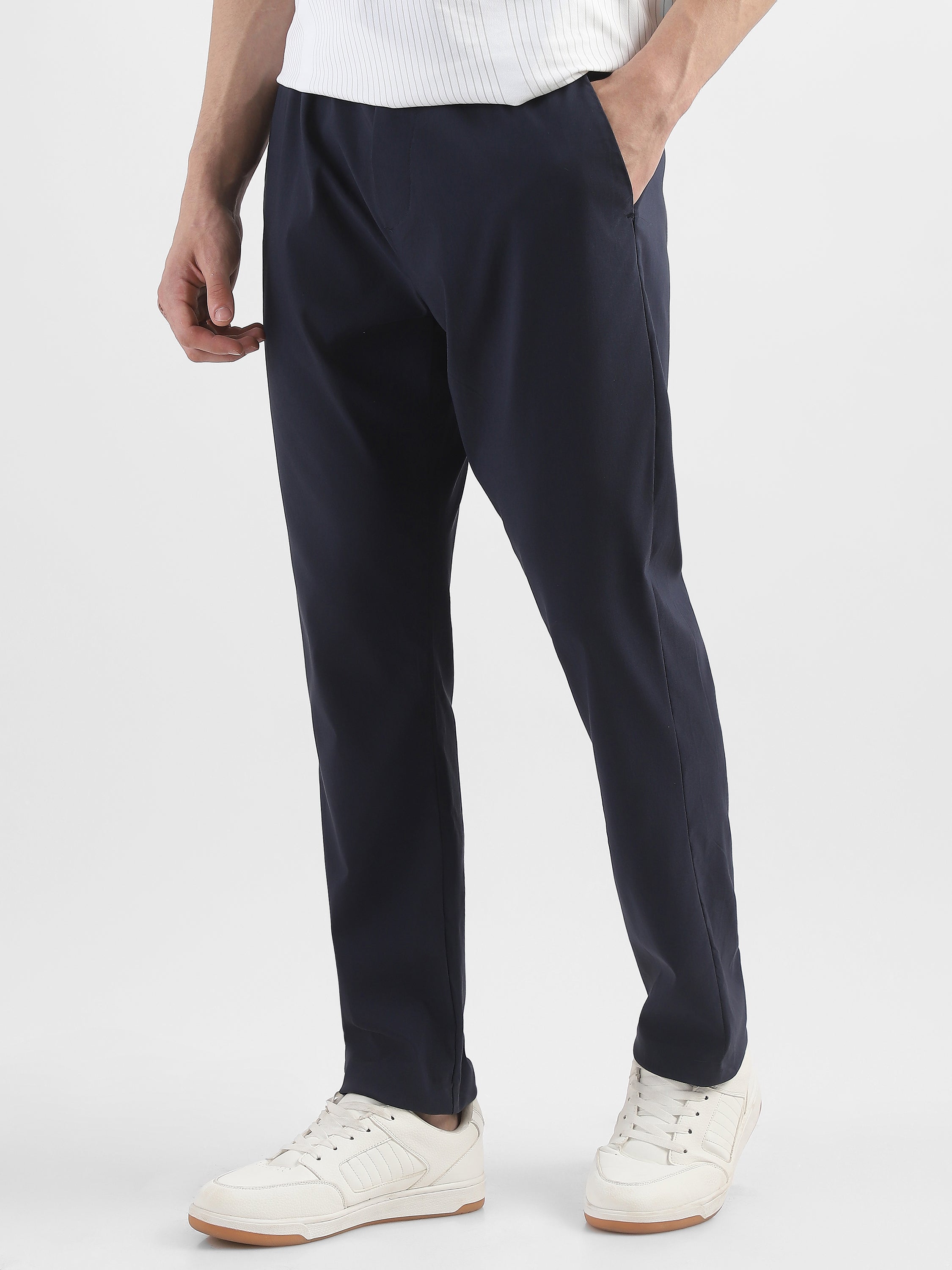 Men Navy Polyester Blend Pants