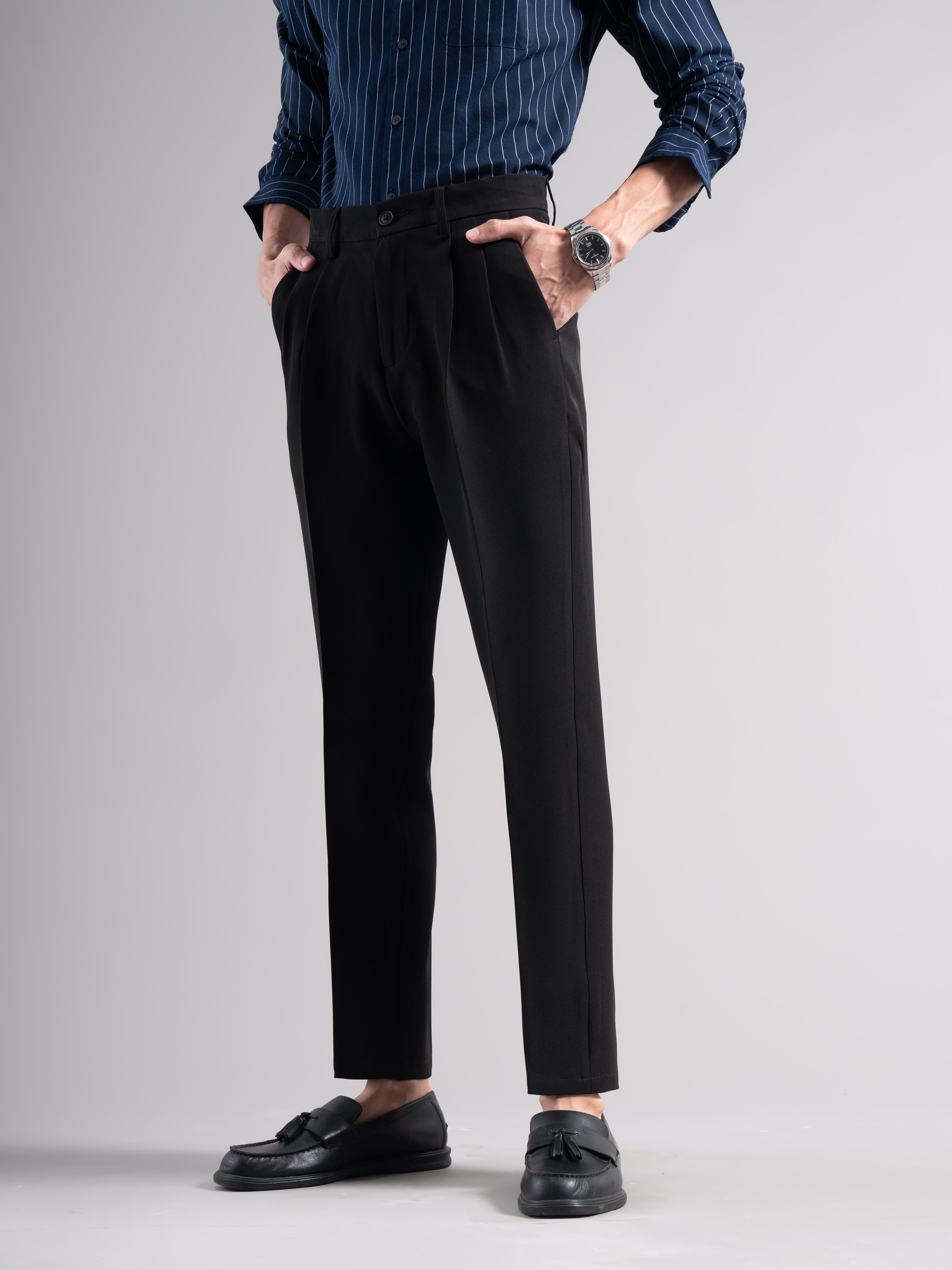 Men Black Pleated Chinos Trousers