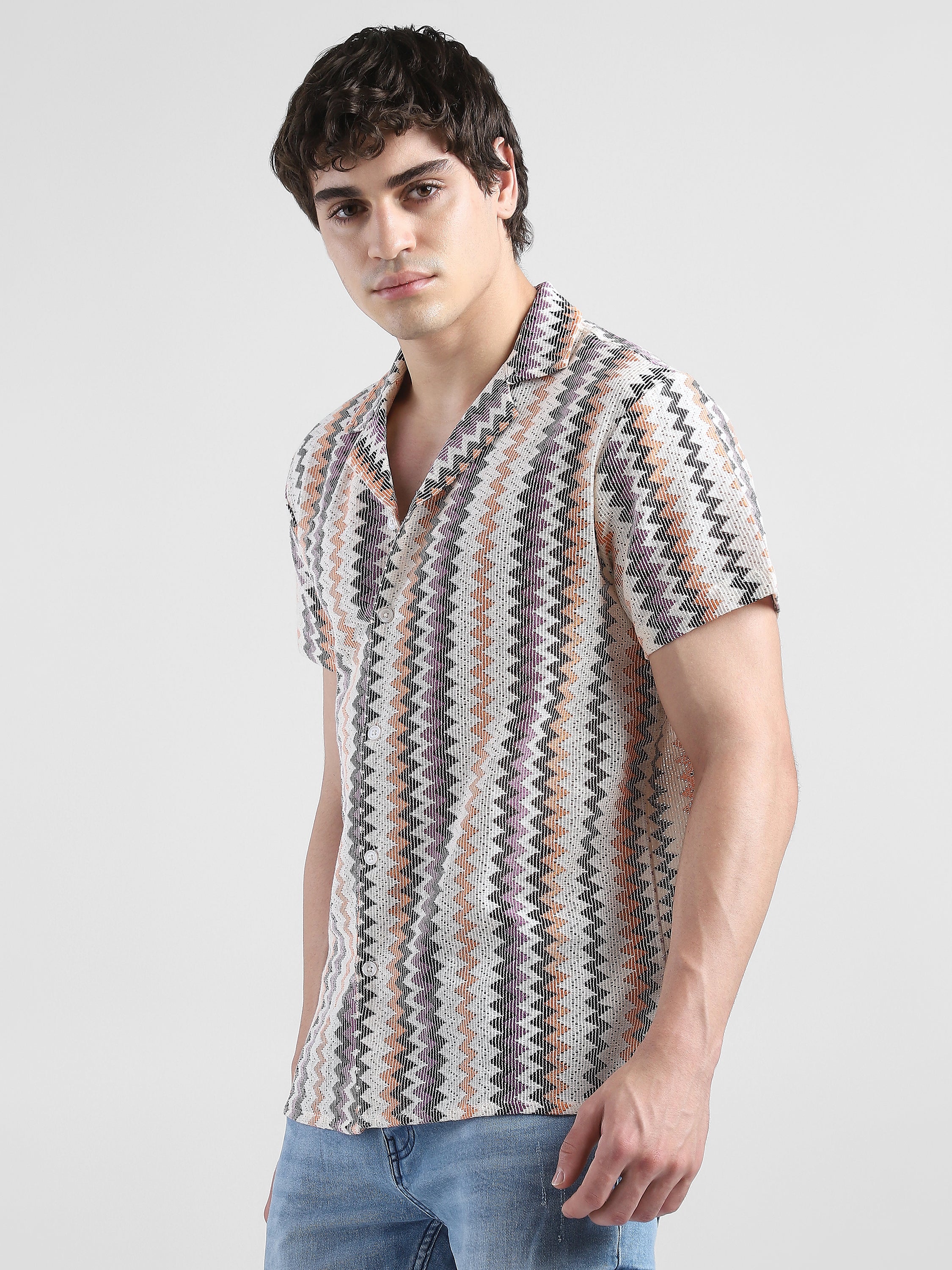 Men Lace See Through Purple Multi Casual Shirt