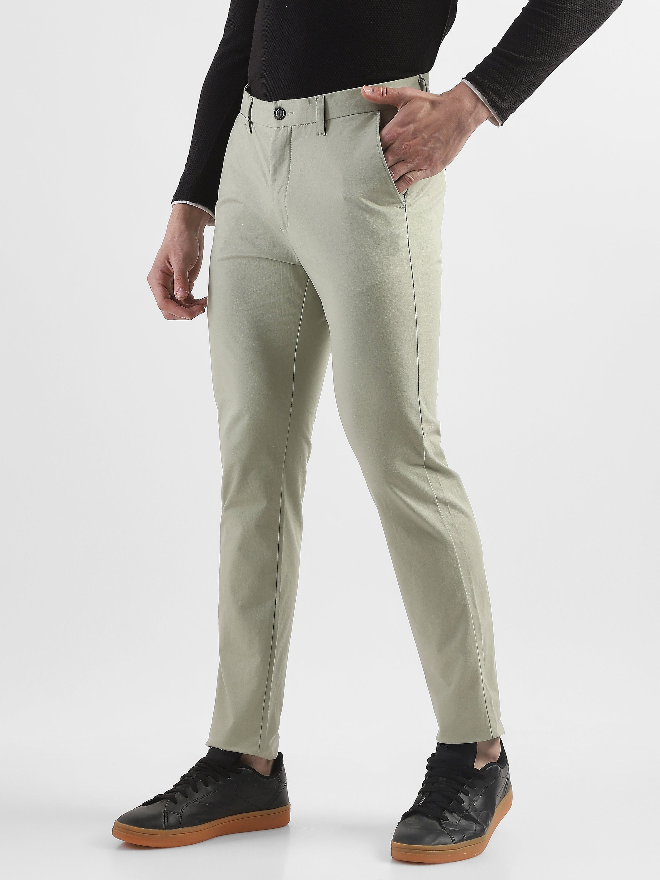 Men Pistacho Green Slim Fit Mid Rise Formal Trouser