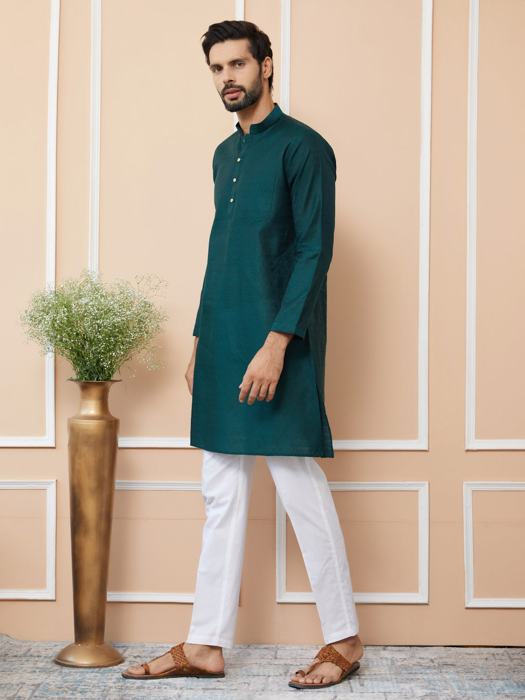 Men Green Ethnic Motifs Silk Jacquard Woven Design Straight Kurta