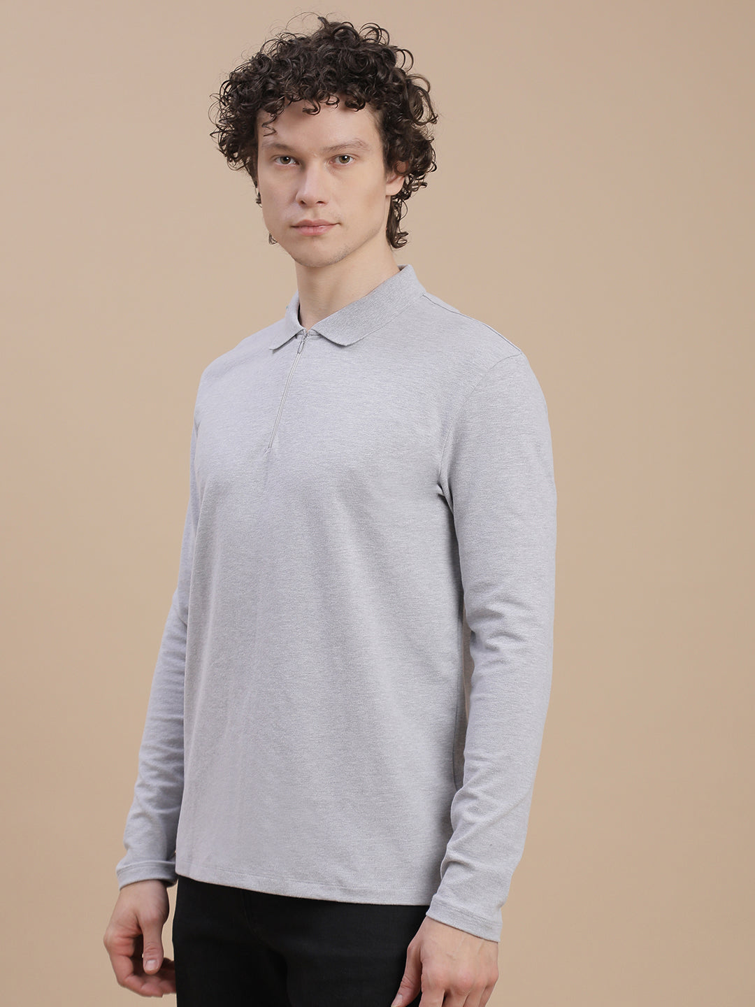 Men Grey Bonded Zipper T-Shirt