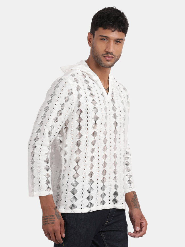 Men White Regular Fit Spread Collar Full Sleeve Hoodie