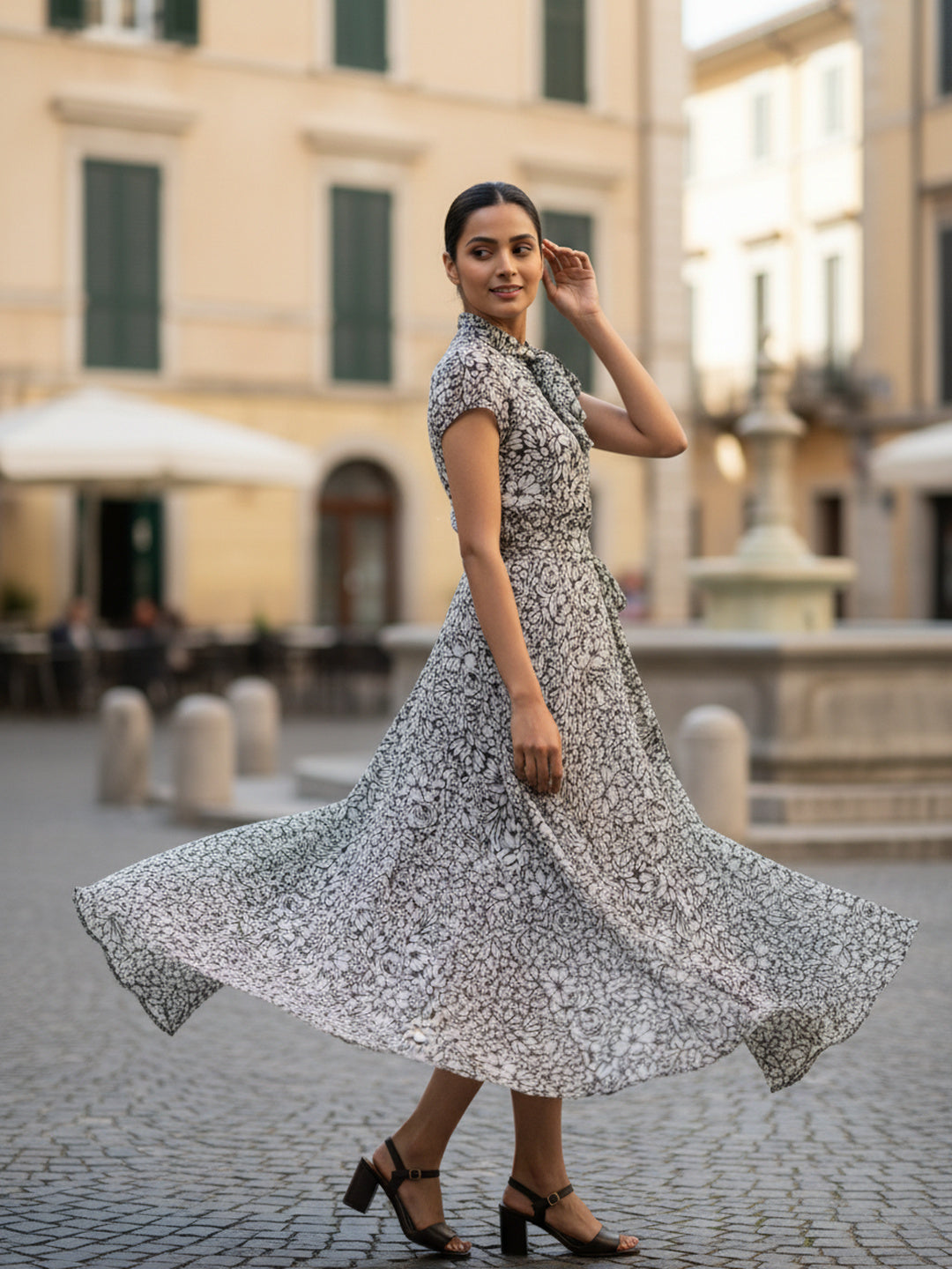 Women Floral Chiffon Flared Midi Dress