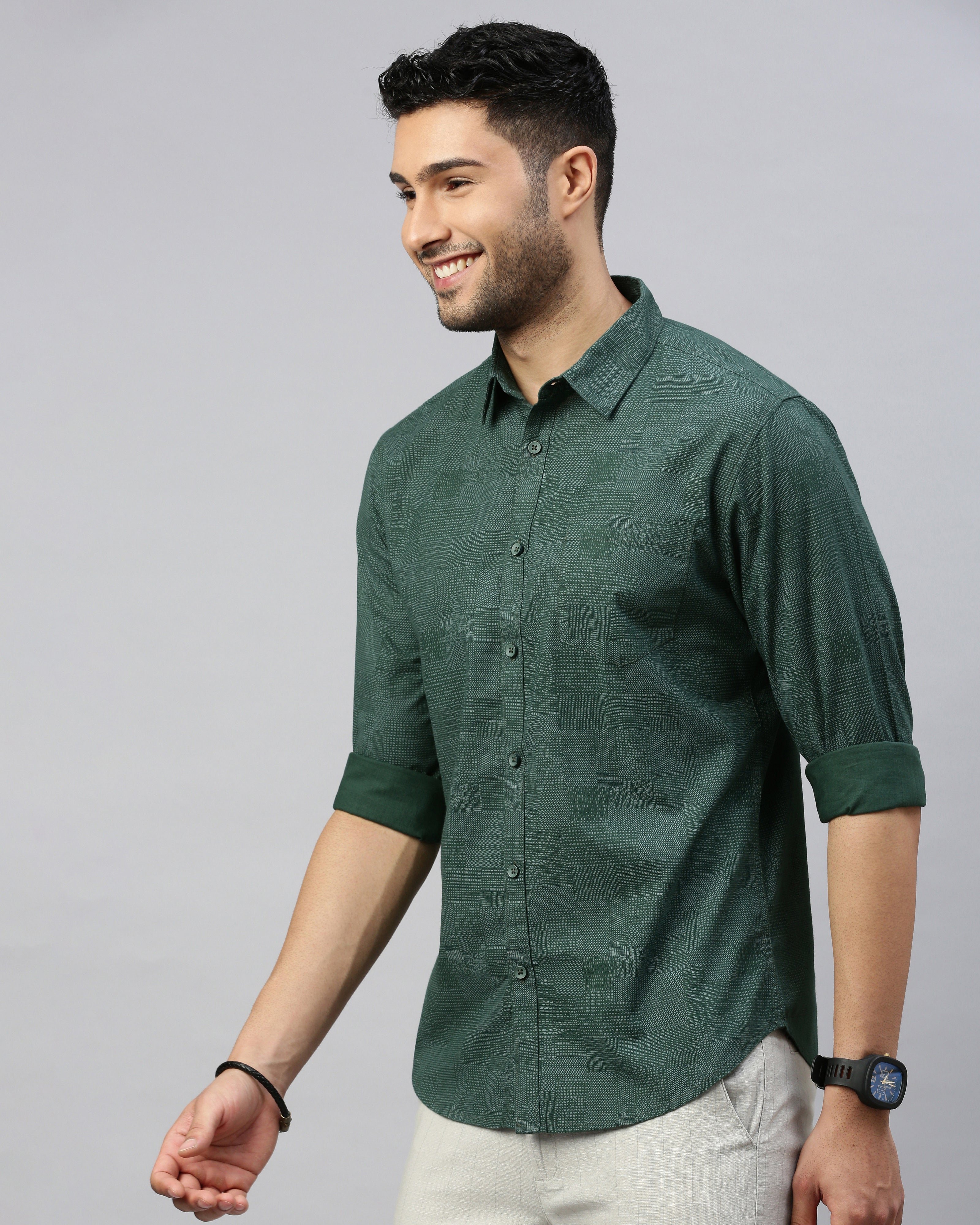 Men Green Cotton Slim Shirt
