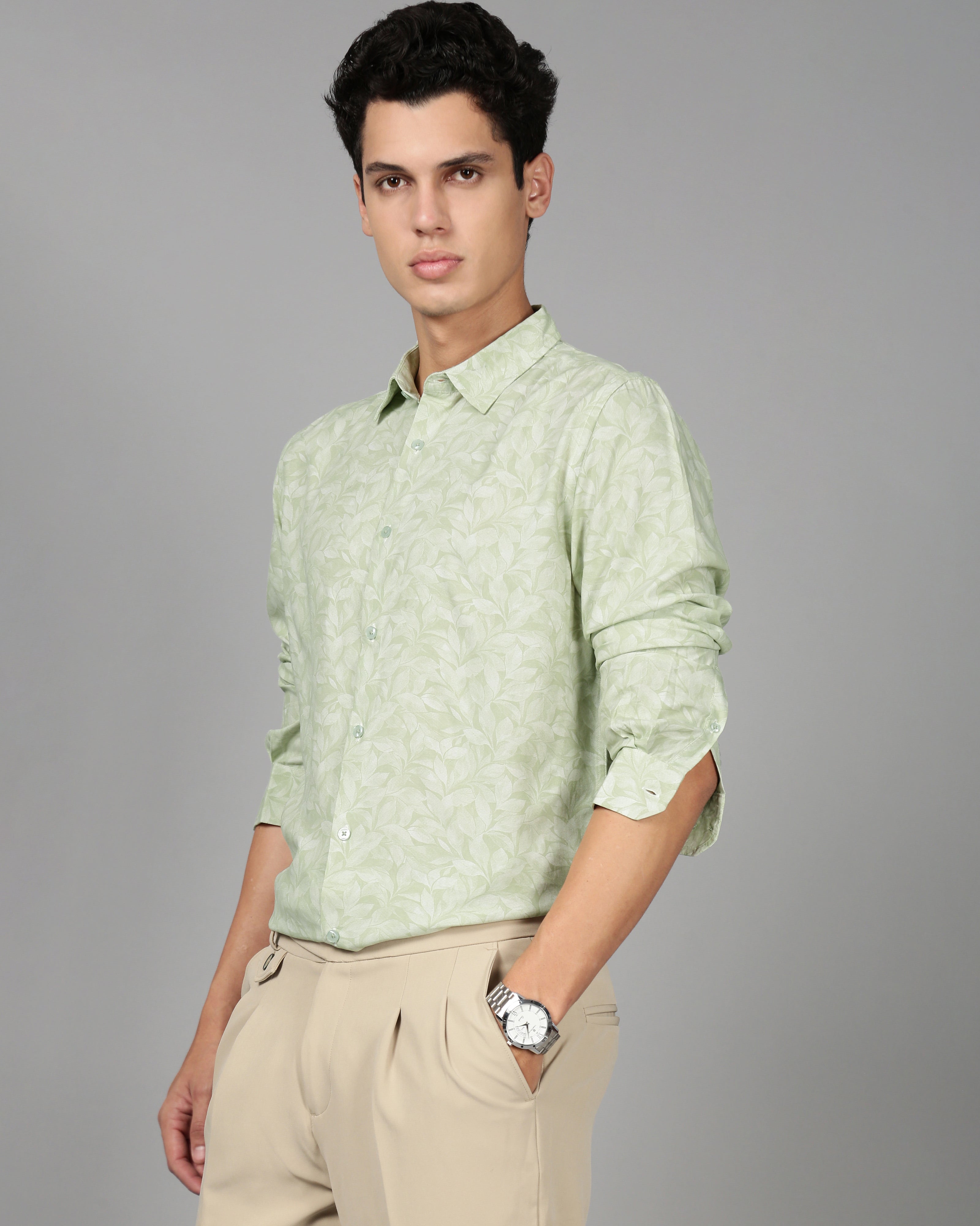 Men Green Leaf Print Shirt