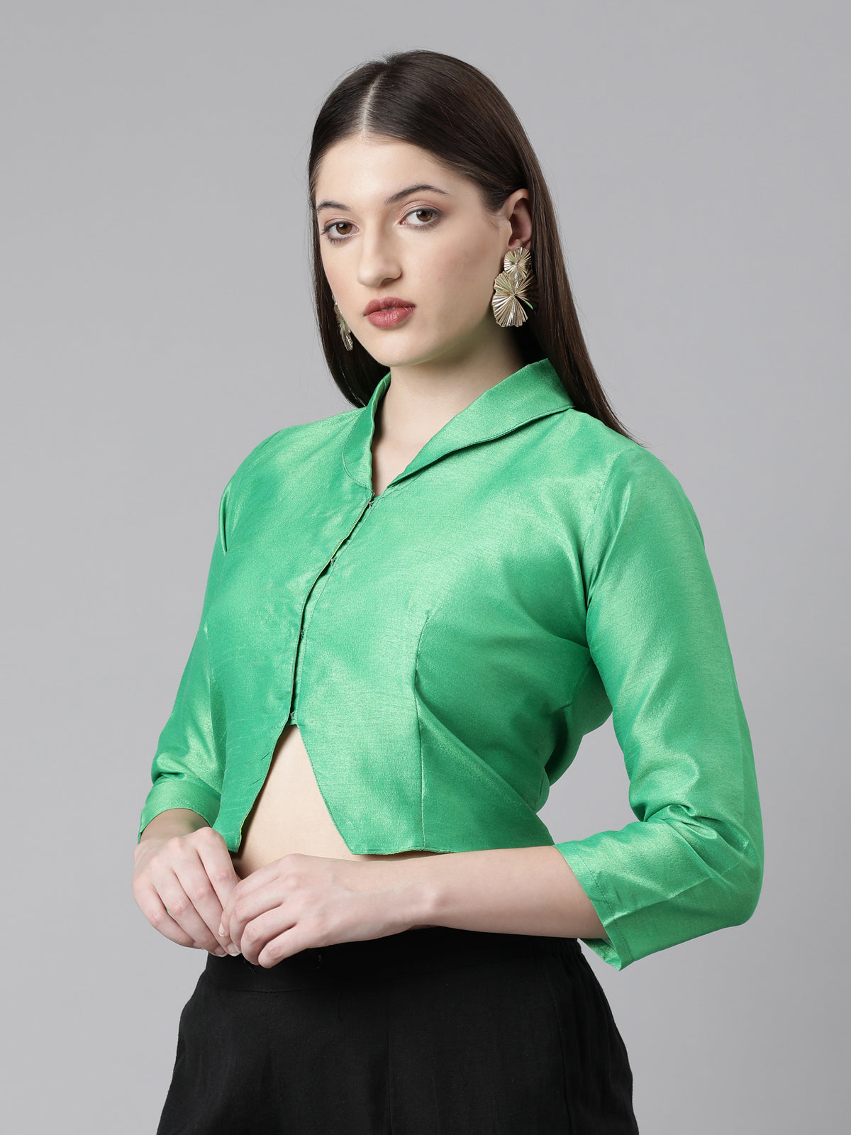 Green Solid Three-Quarter Sleeves Mandarin Collar Dupion Silk Knot Blouse
