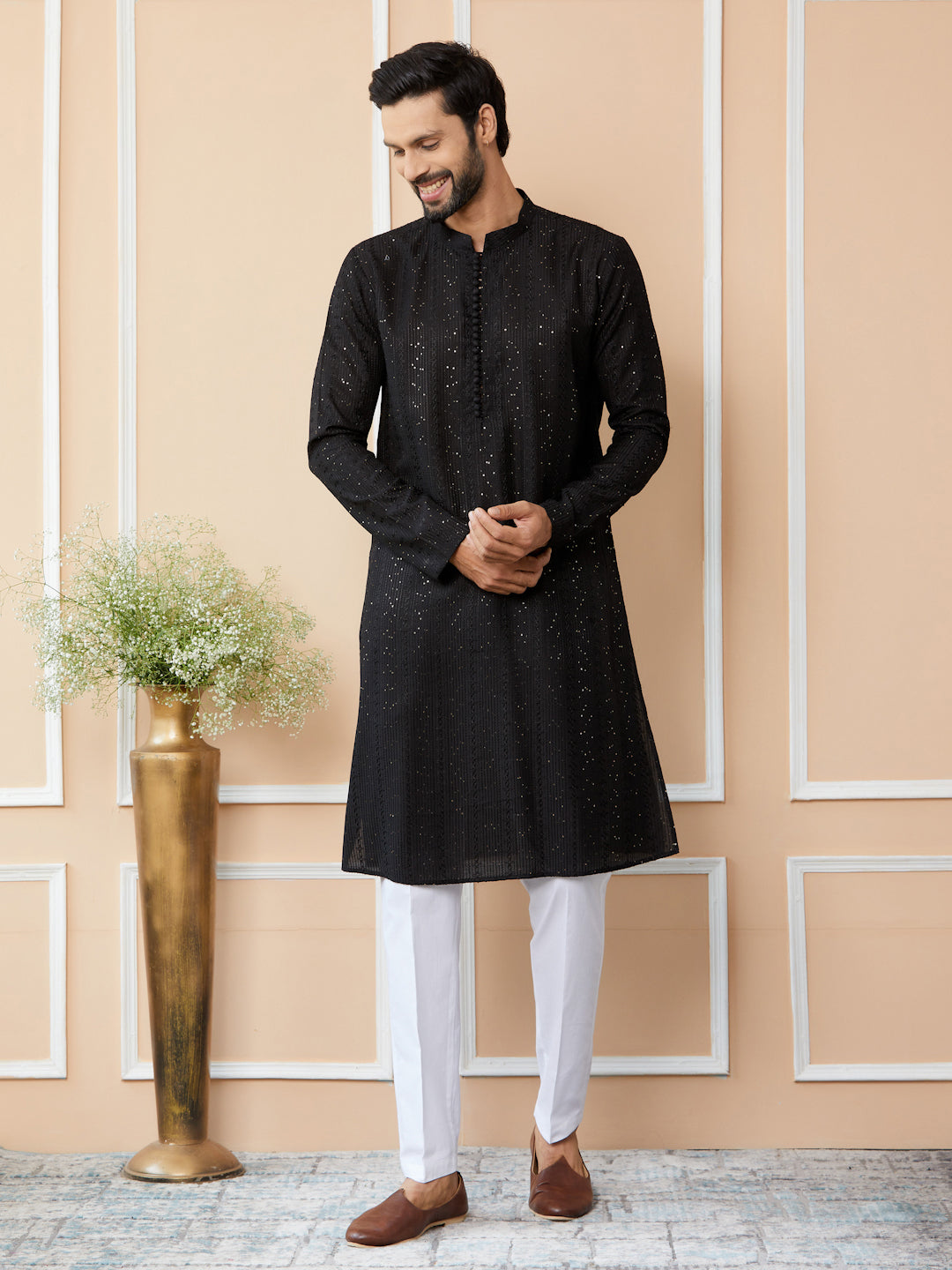 Men Black Embroidered Thread Work Sequinned Chanderi Silk Straight Kurta