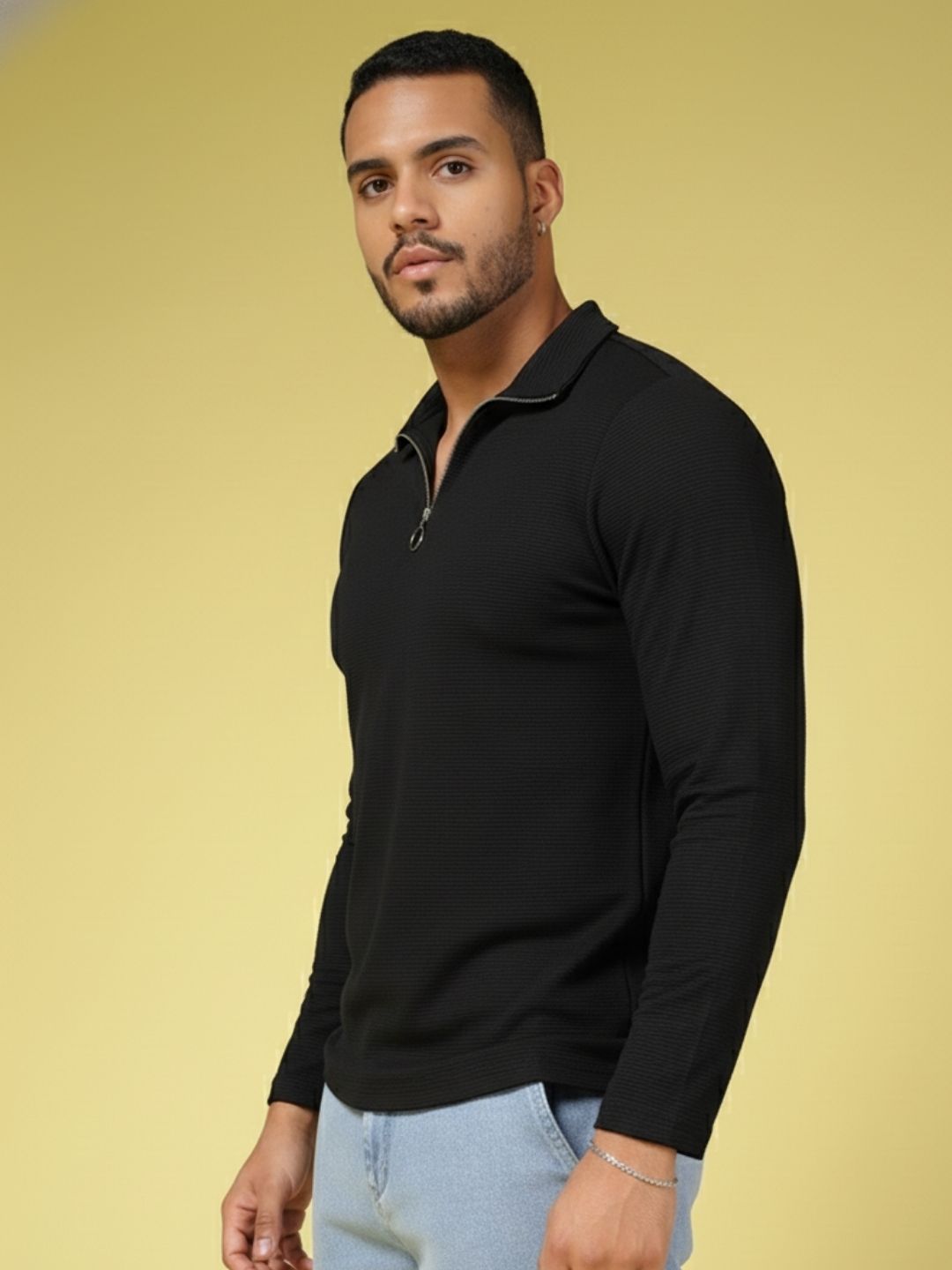 Men Black High Neck Polyester T-Shirt