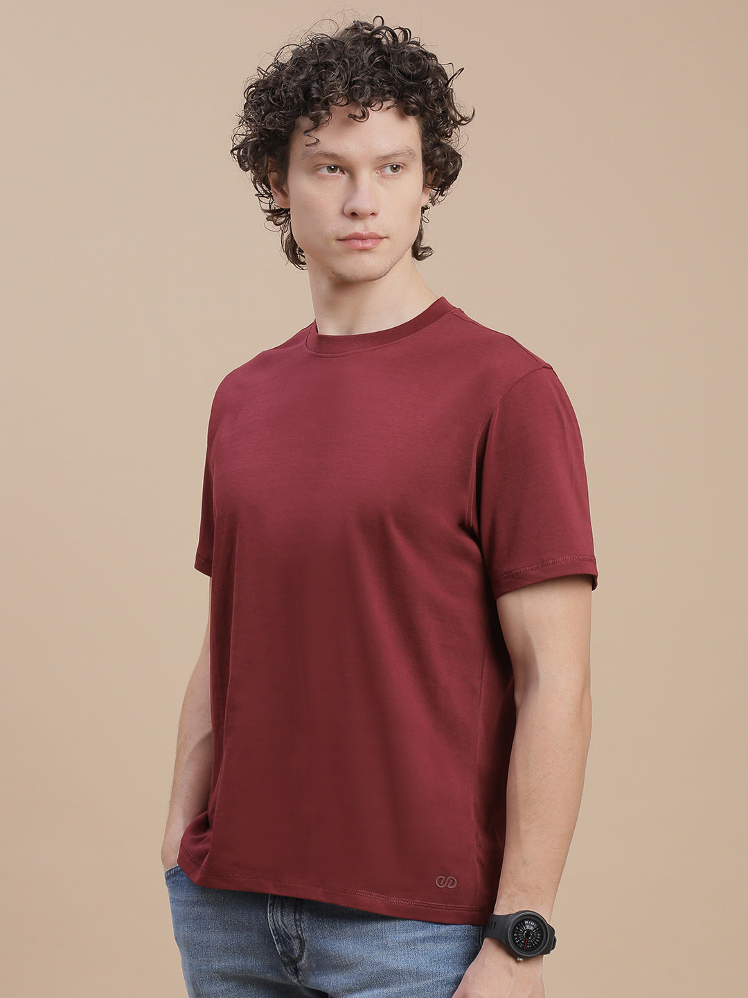 Men Burgundy Crew Neck T-Shirt