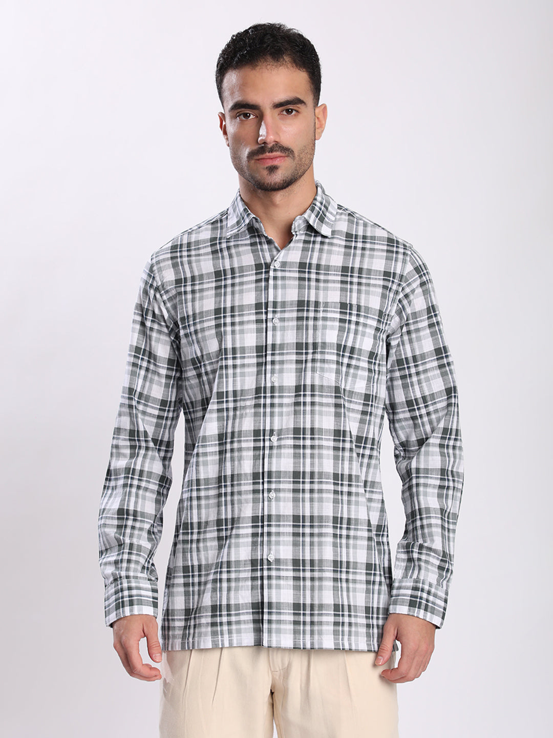 Men Green and White Checked Single Pocket Shirt