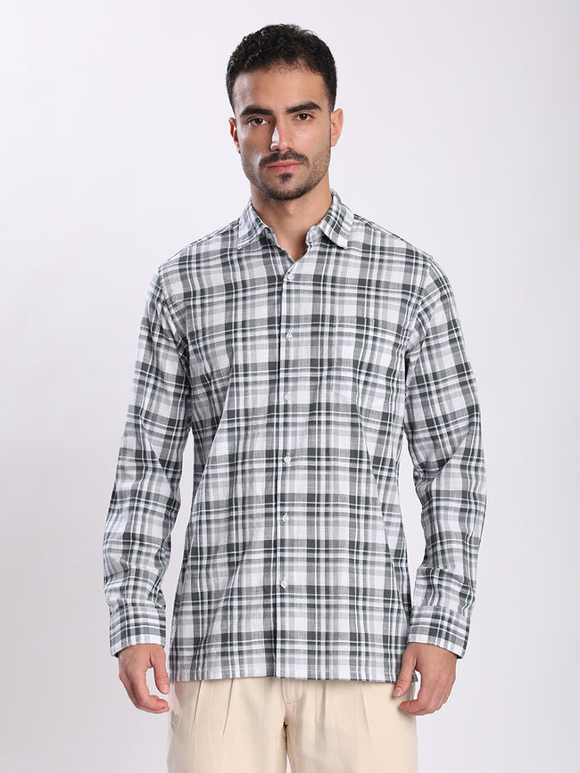 Men Green and White Checked Single Pocket Shirt
