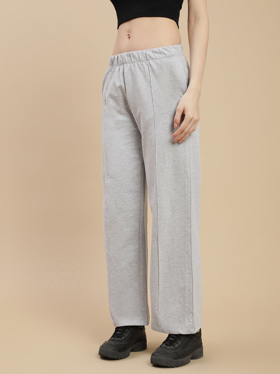 Women Grey Pleated Flare Straight Pant