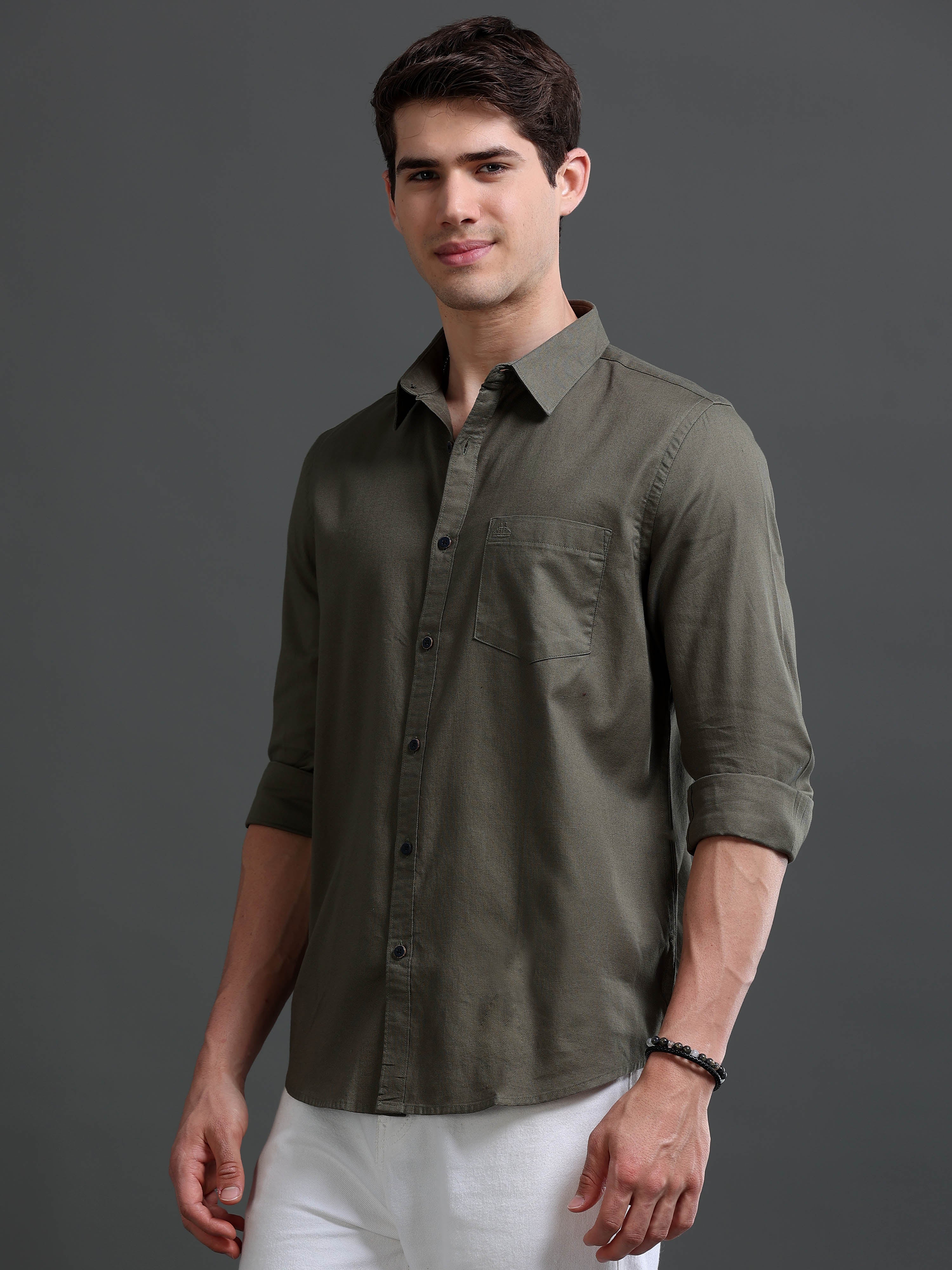 Men Olive Dobby Shirt