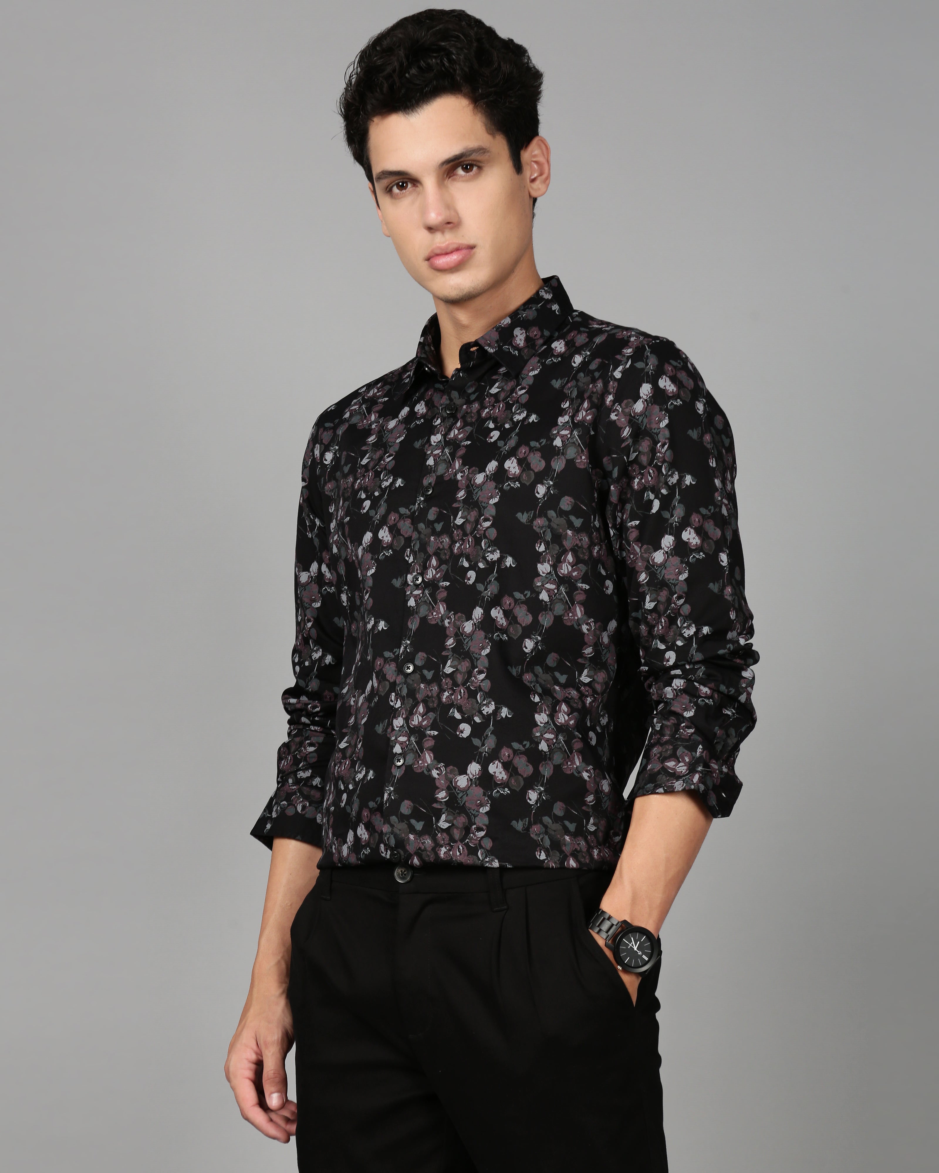 Men Black Floral Print Shirt