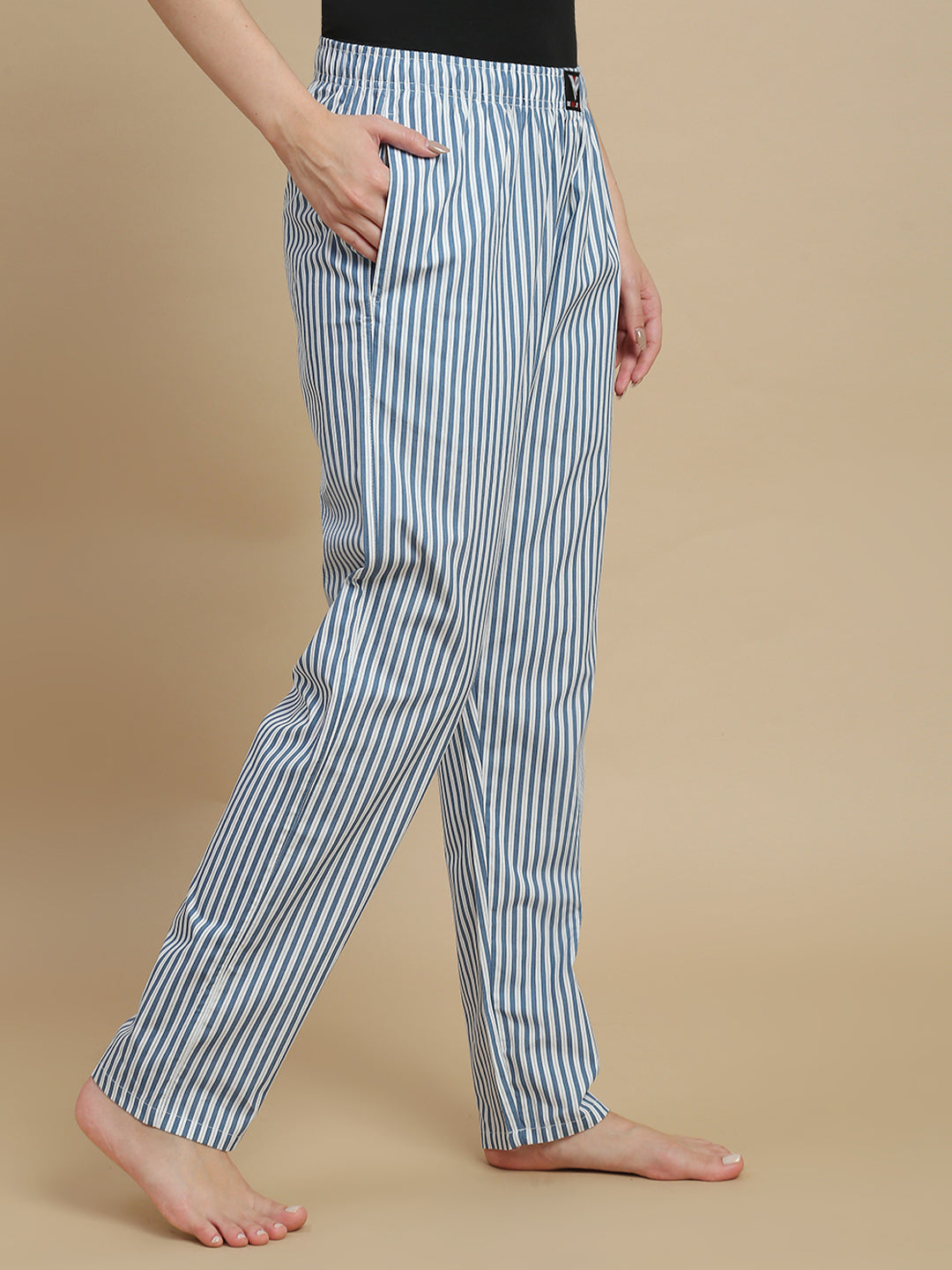 Women Blue & White Striped Cotton Pyjamas