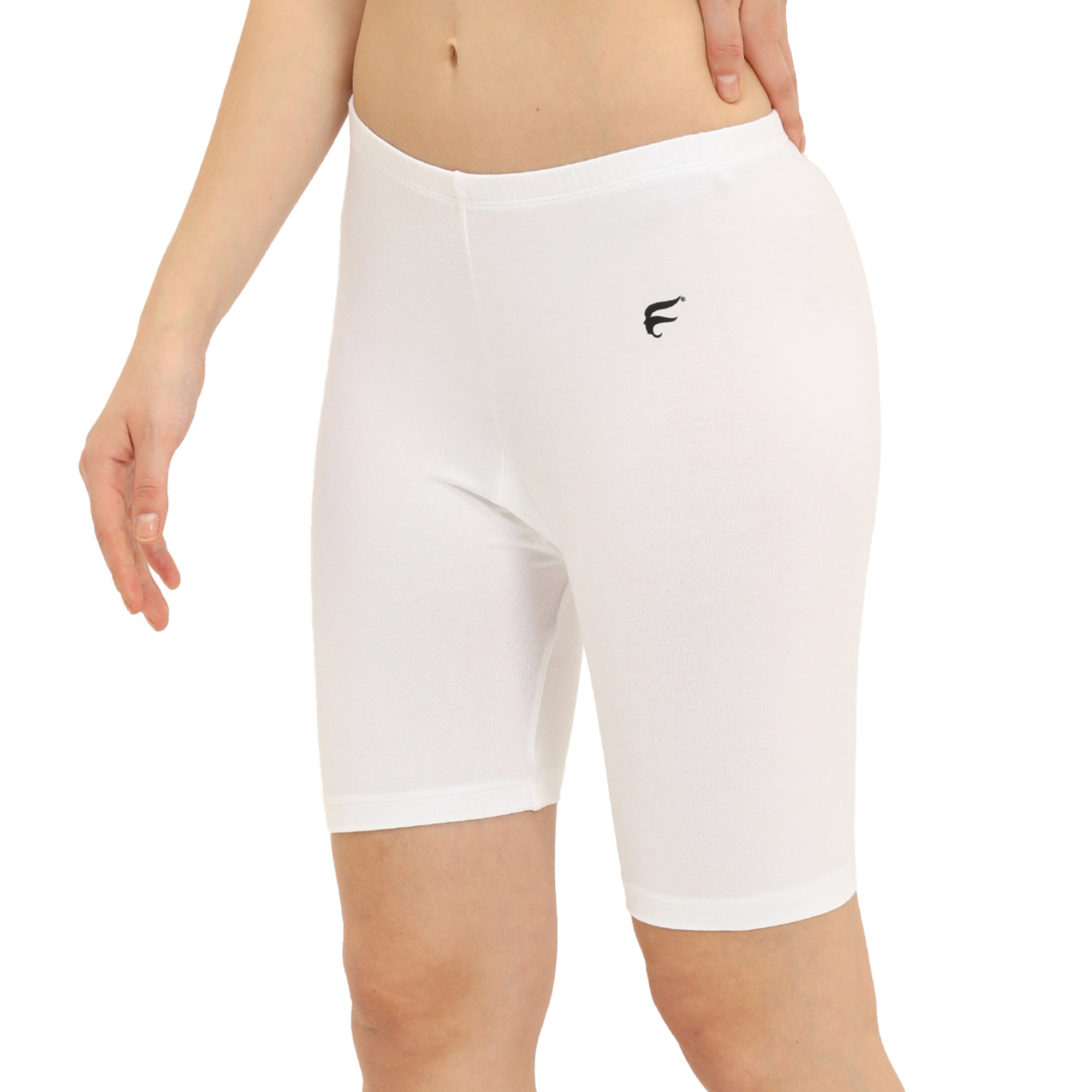 Women White Thigh Length Cycling Shorts