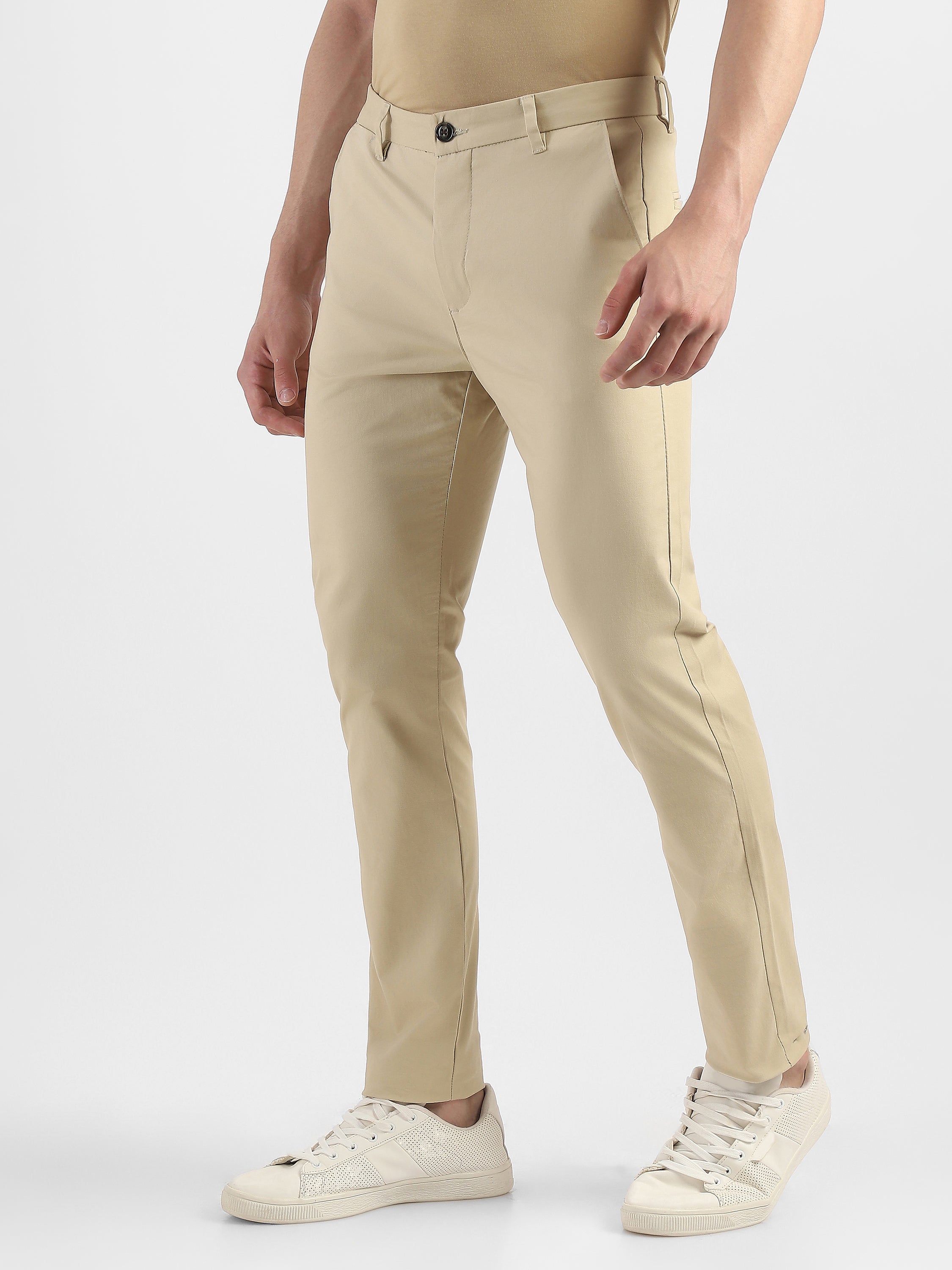 Men Beige Slim Fit Mid Rise Formal Trouser