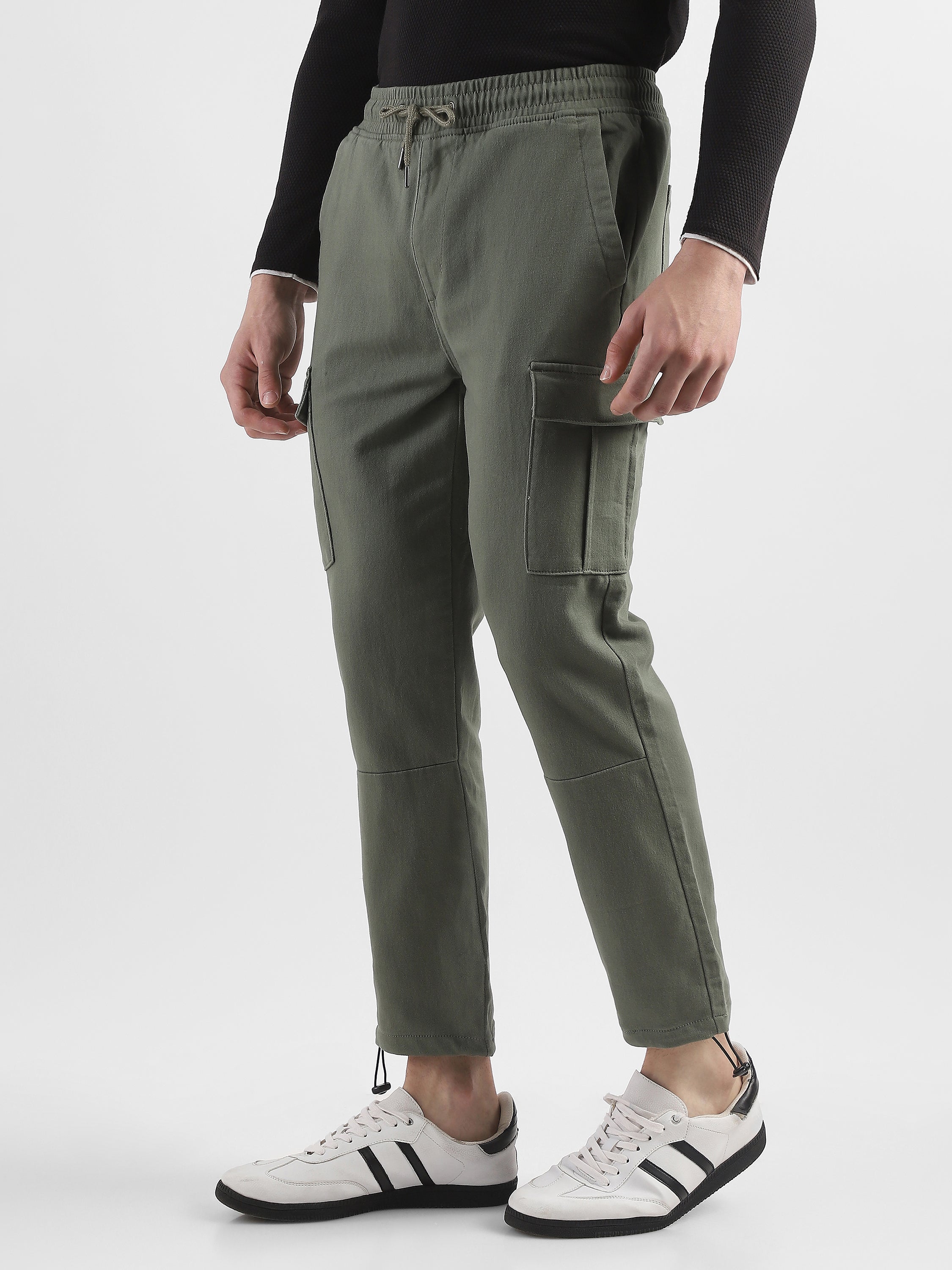 Men Olive Cotton Polyester Cargo Pants with Adjustable Bottom Hem
