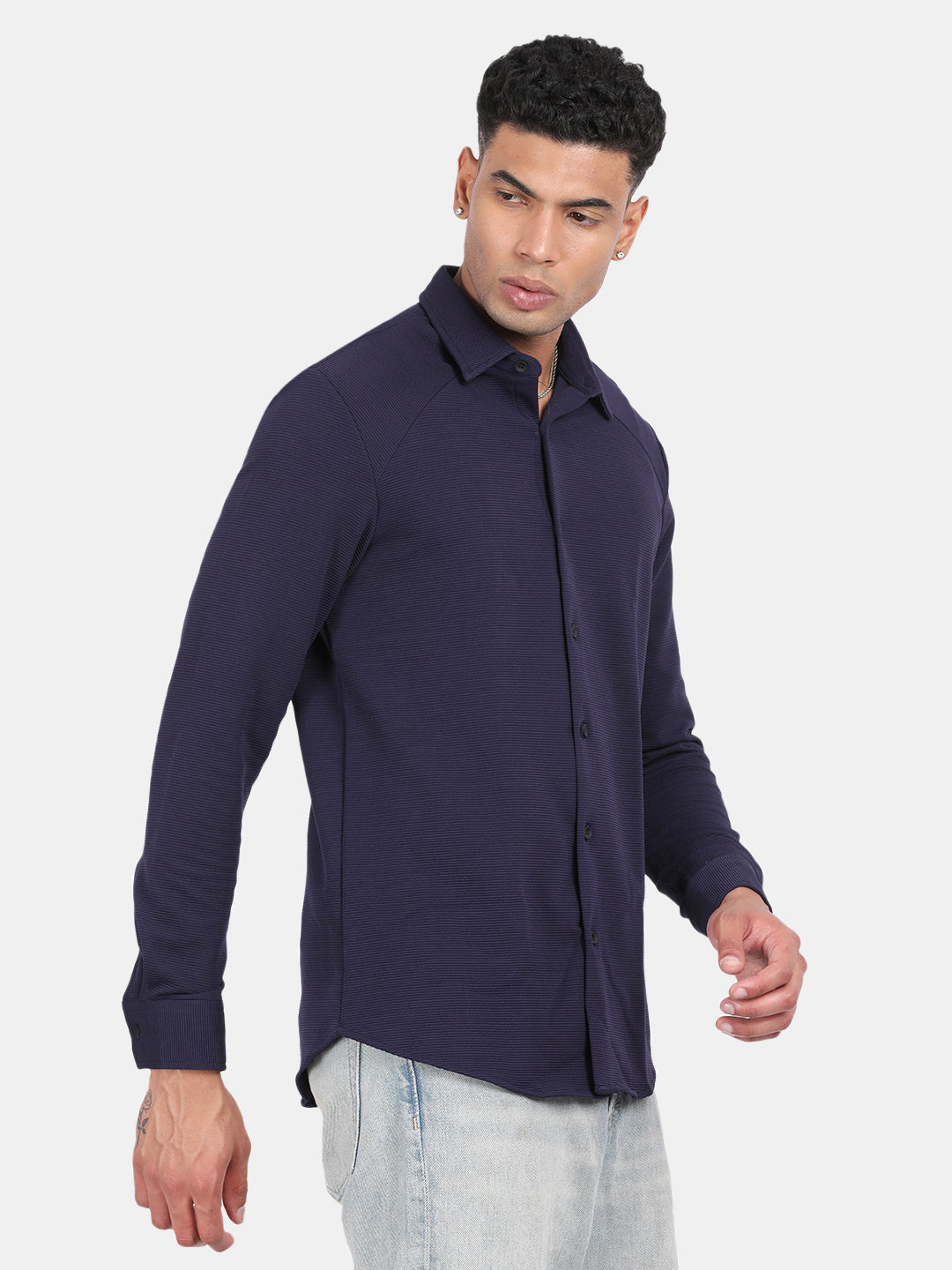 Men Navy Slim Fit Spread Collar Full Sleeve Casual Shirt