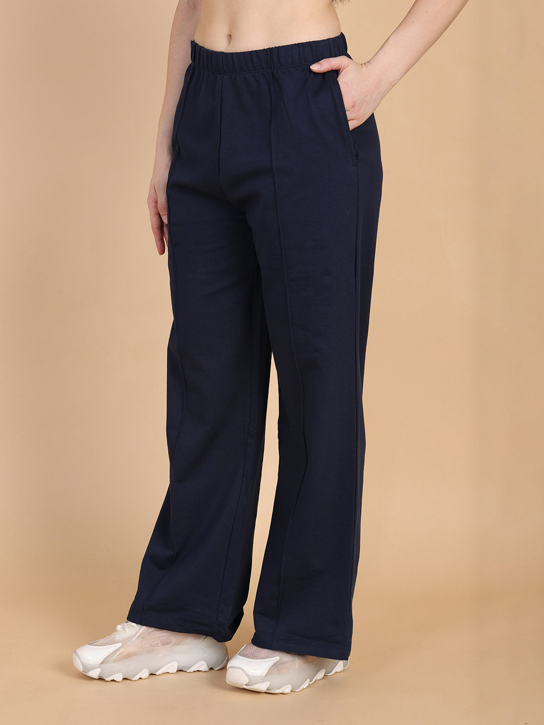Women Navy Pleated Flare Straight Pant
