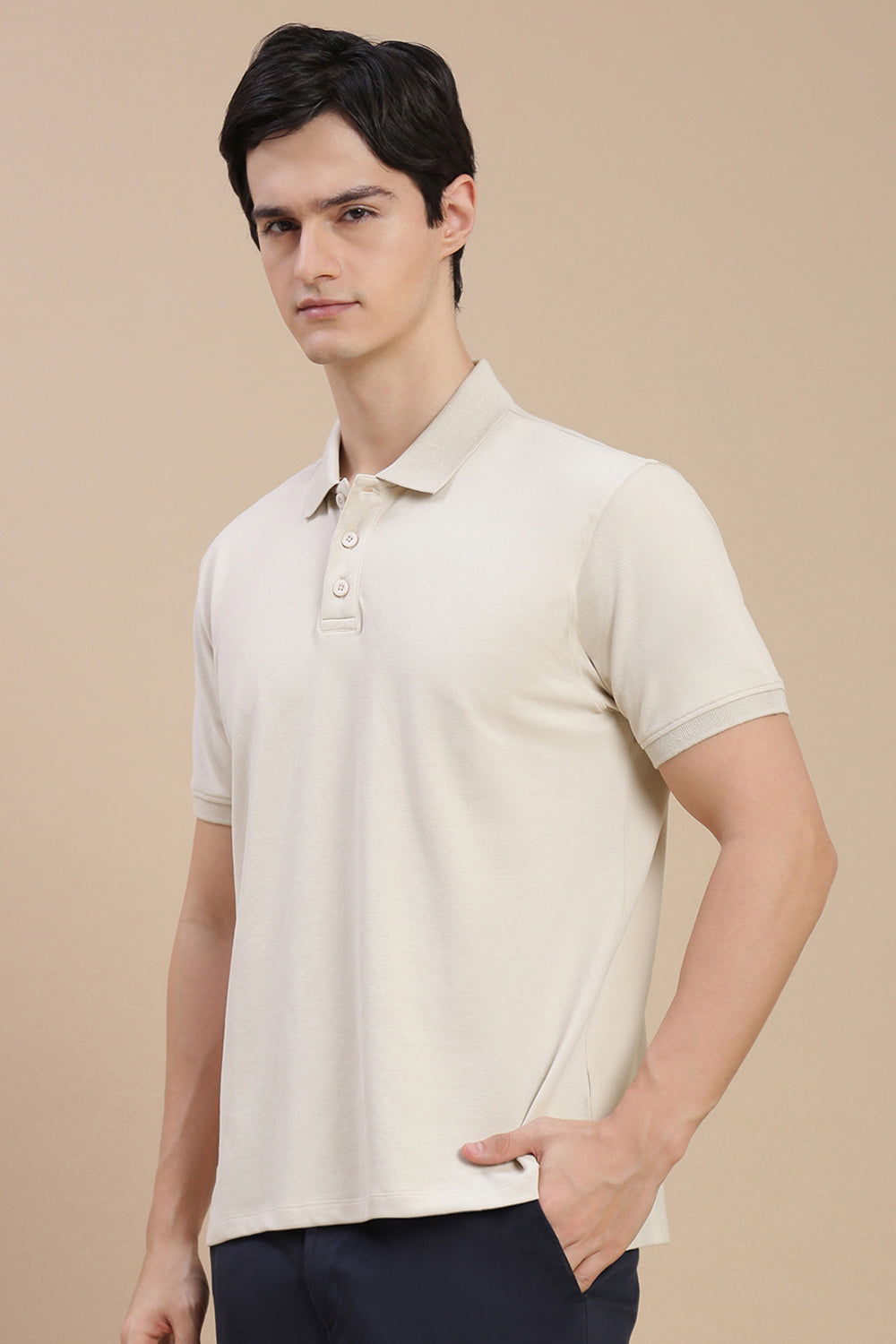 Men Beige Basic Solid Polo T-Shirt