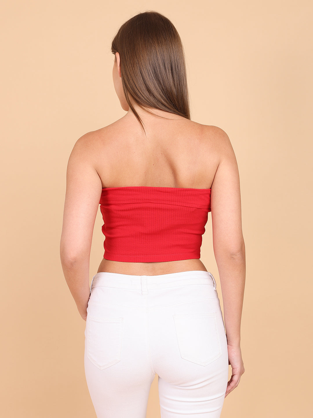 Women Red Over Fold Tube Top