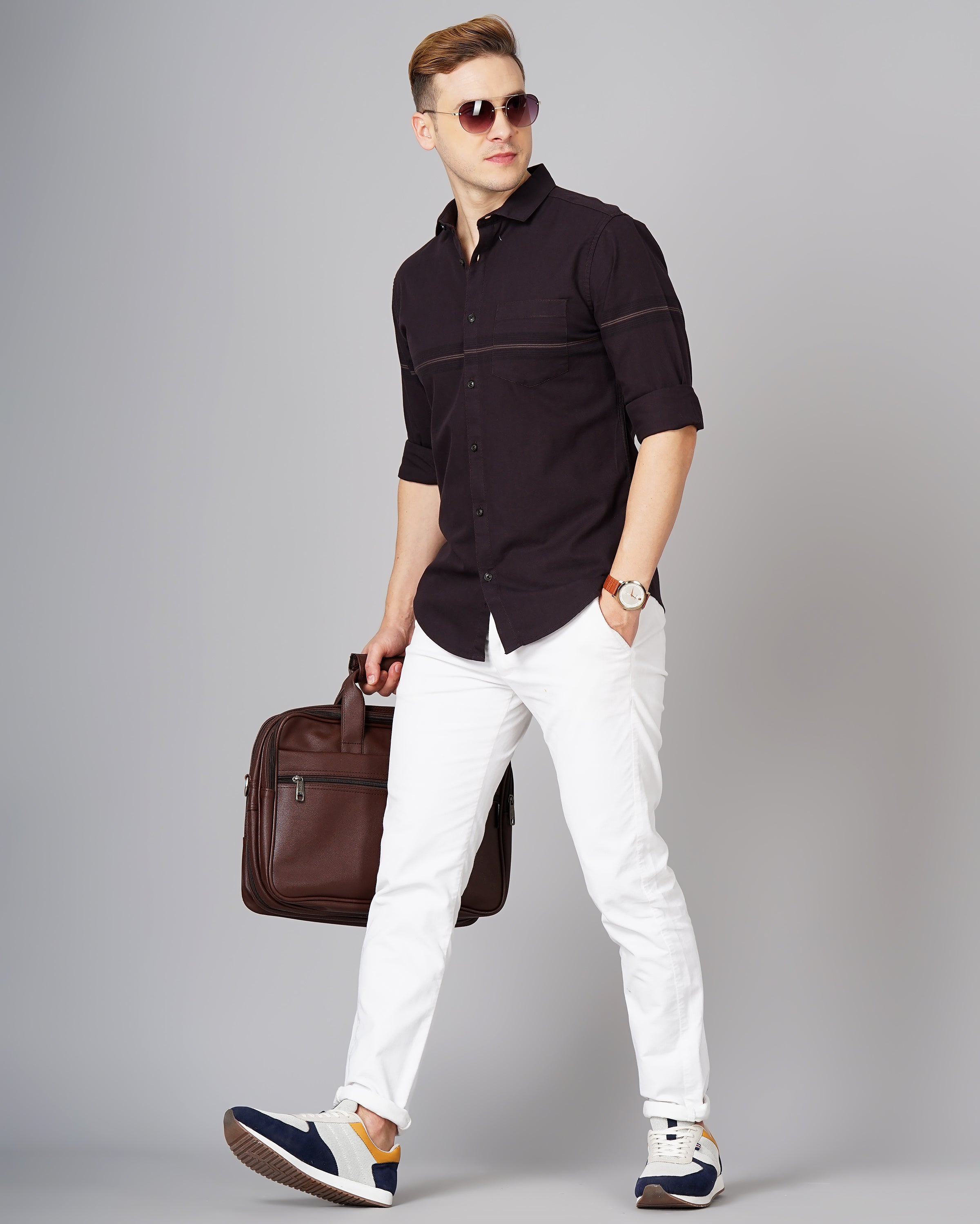 Men Brown Cotton Slim Shirt