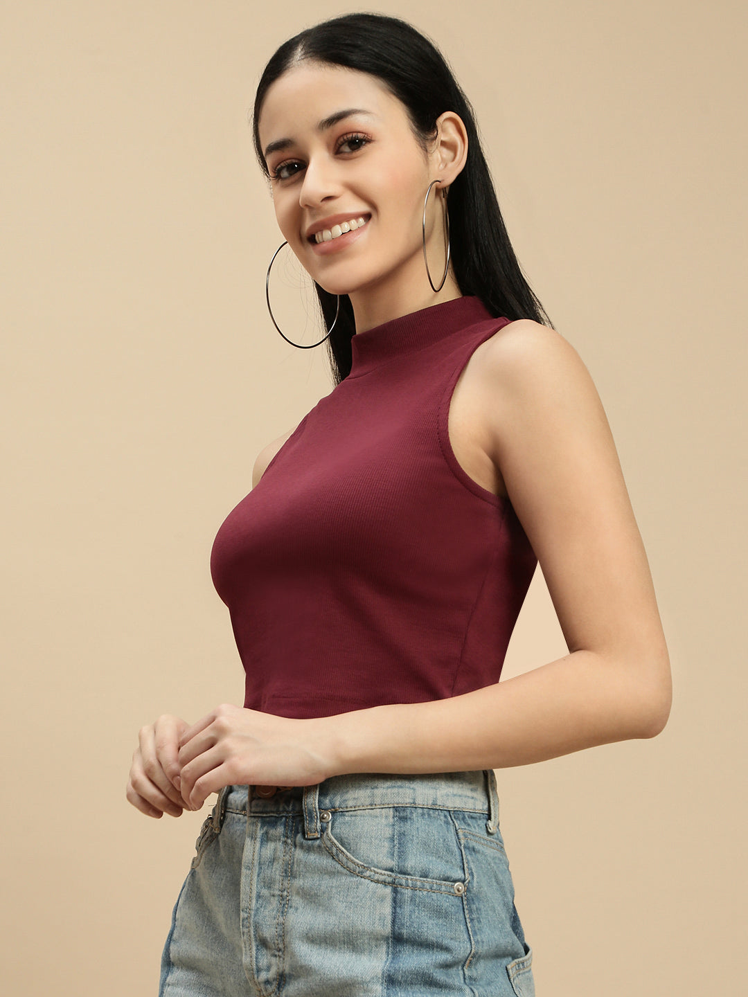 Women Burgundy Sleeveless Crop Top