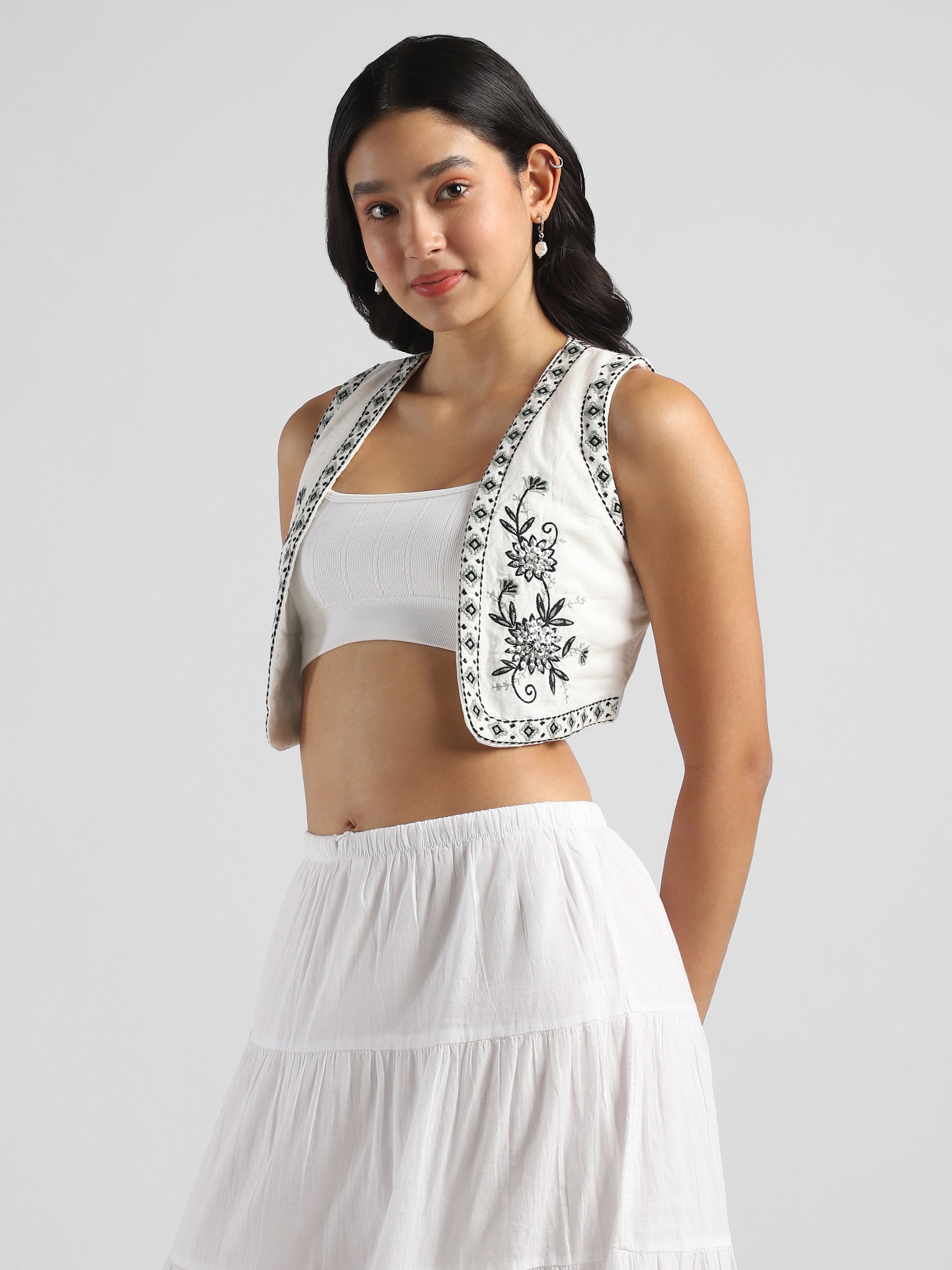 Women White & Black Printed Embroidered Short Jacket